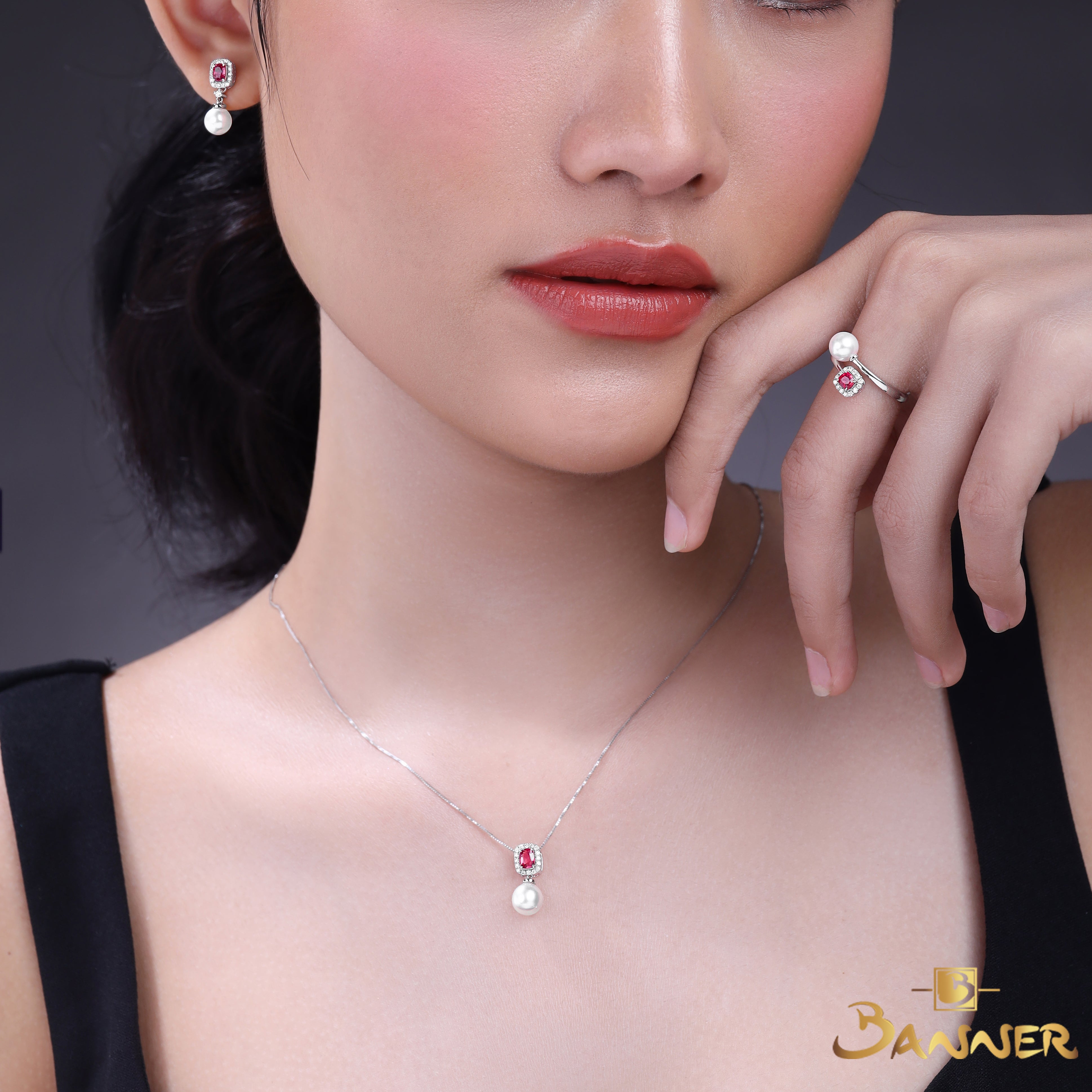 Pink Spinel , Pearl and Diamond Toi - Et - Moi Set