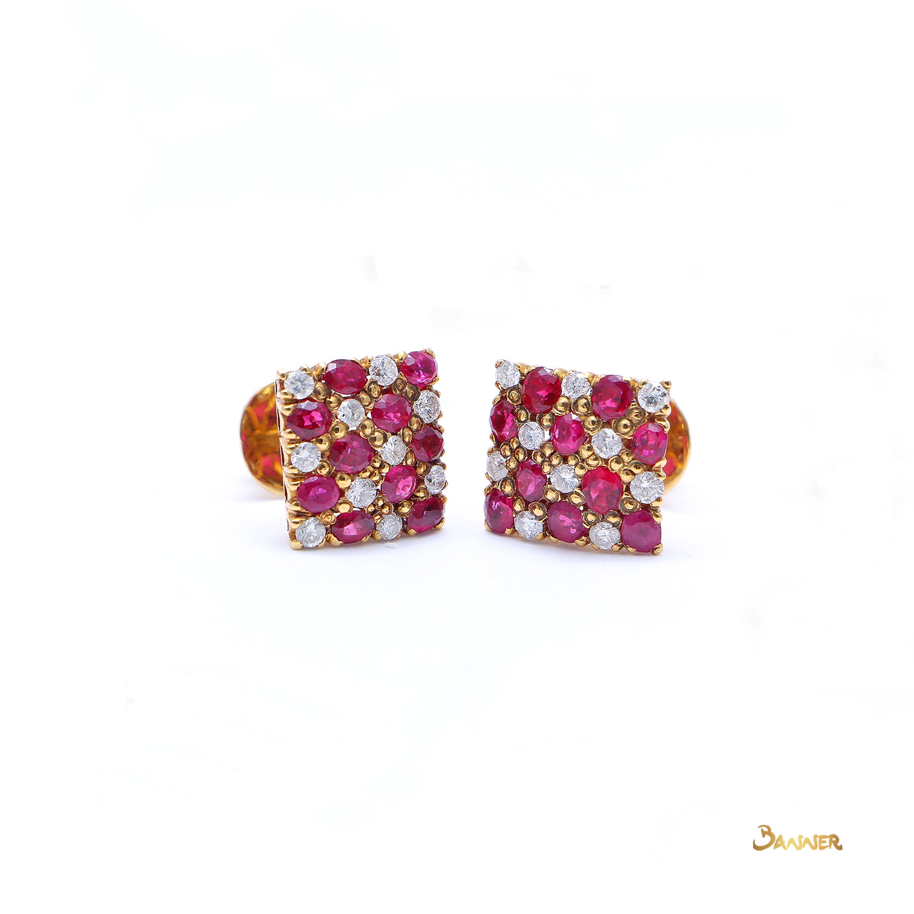 Ruby and Diamond  Checkered Stud Earrings