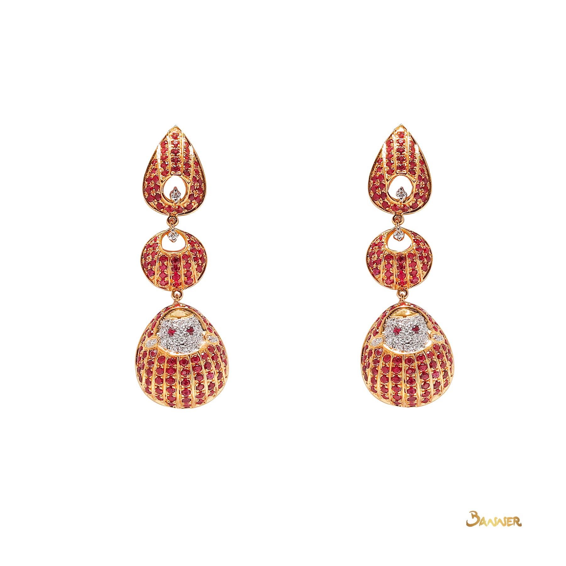 Ruby and Diamond Pyit-Taing-Daung 3-step Dangle Earrings