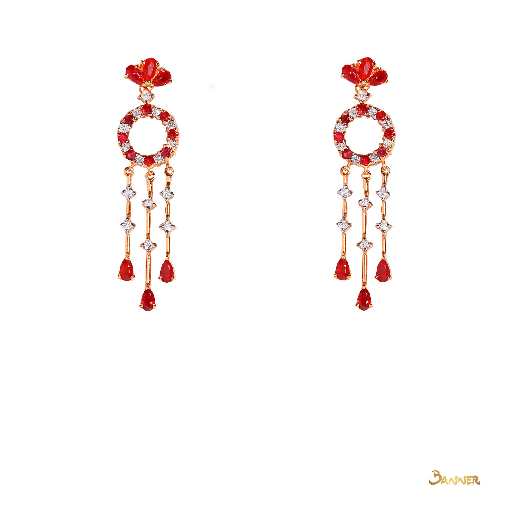 Ruby and Diamond Circle Dangle Earrings