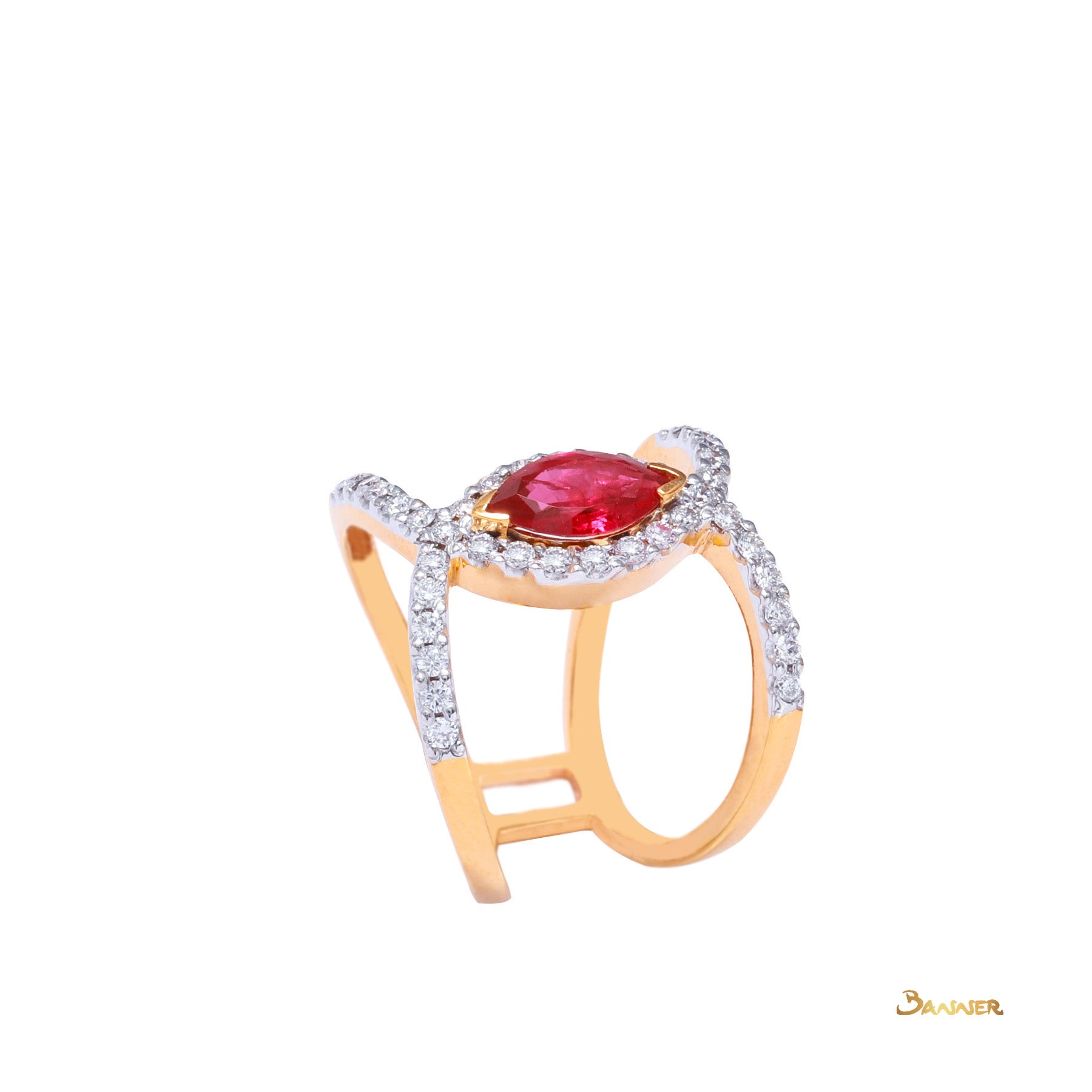Marquise Ruby and Diamond Split-Shank Ring