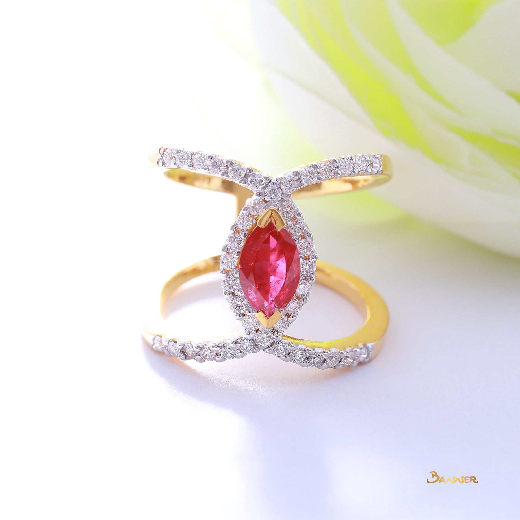 Marquise Ruby and Diamond Split-Shank Ring