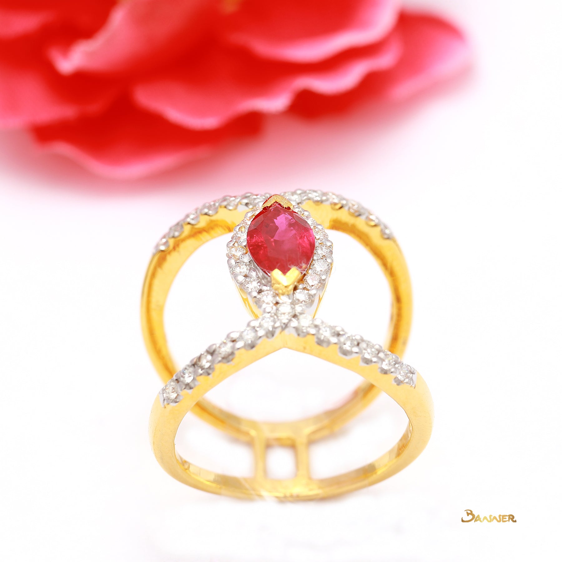 Marquise Ruby and Diamond Split-Shank Ring