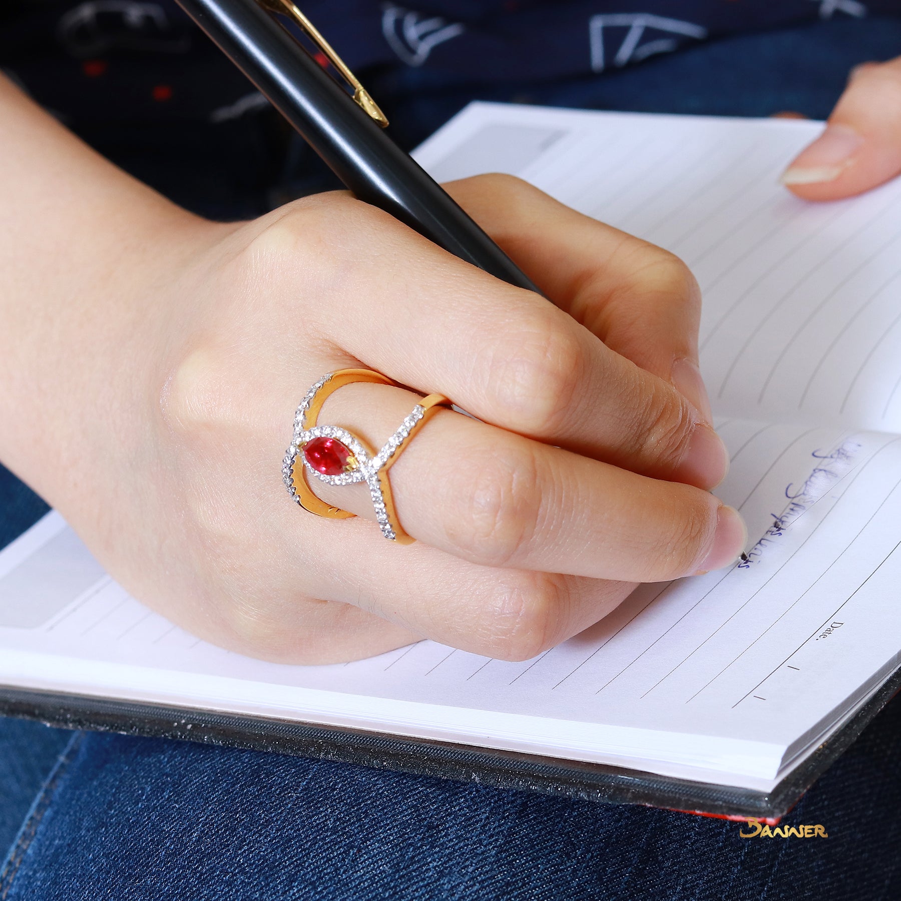 Marquise Ruby and Diamond Split-Shank Ring