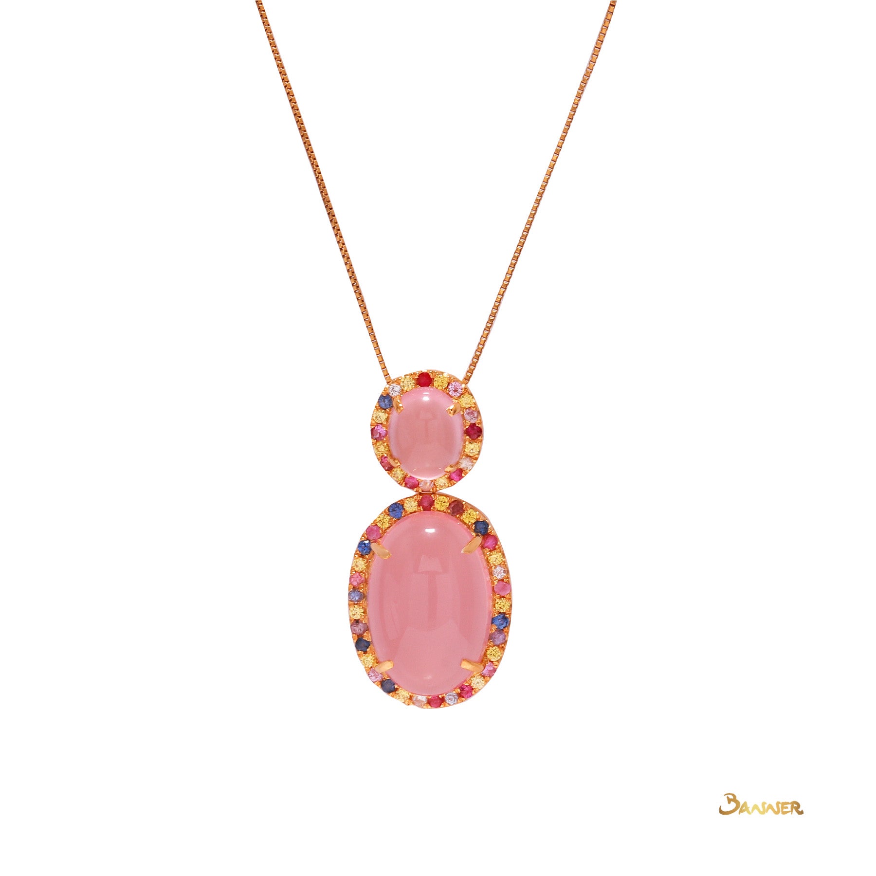 Rose Quartz and Multi-Colored Sapphire Halo Pendant