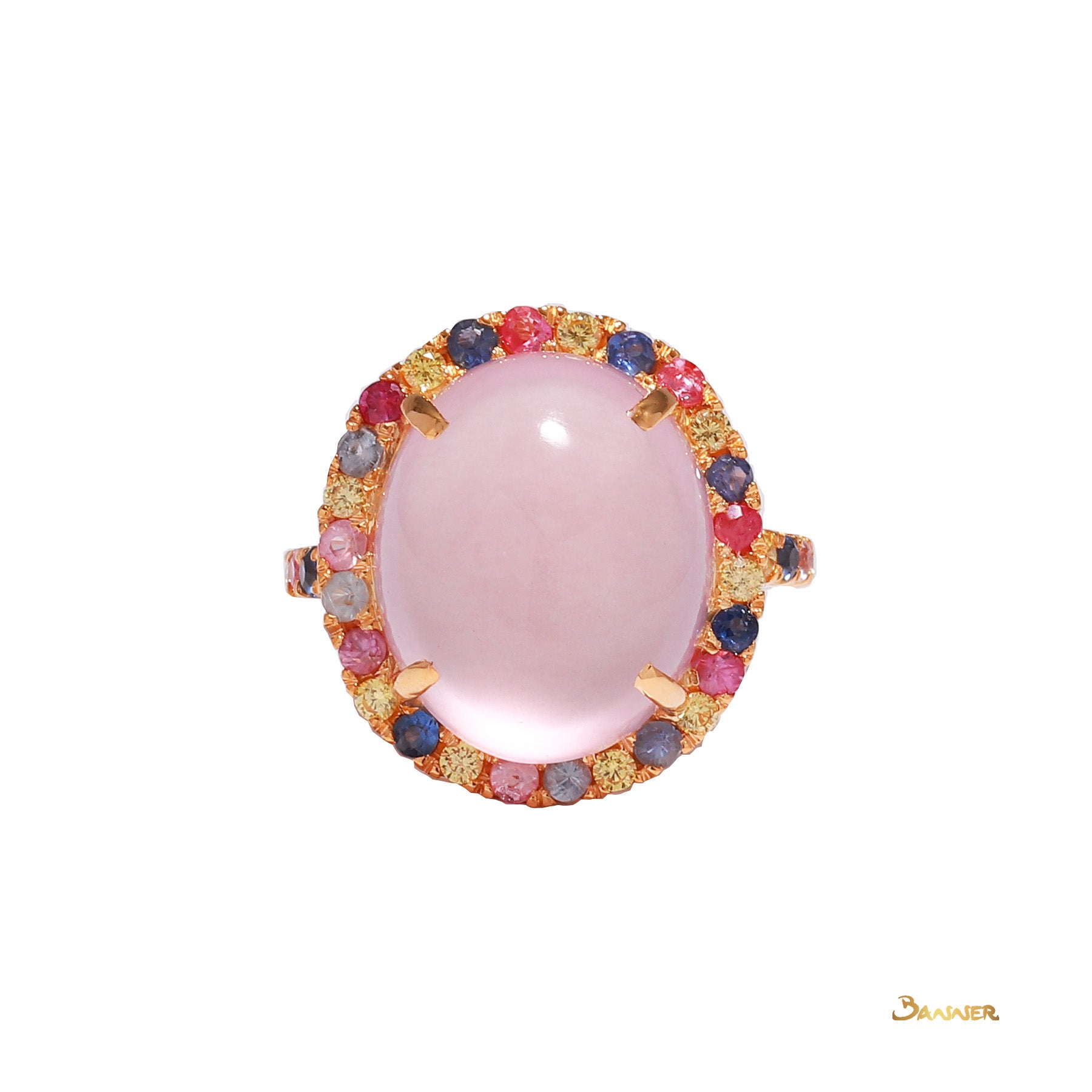 Rose Quartz and Multi-Colored Sapphire Halo Ring