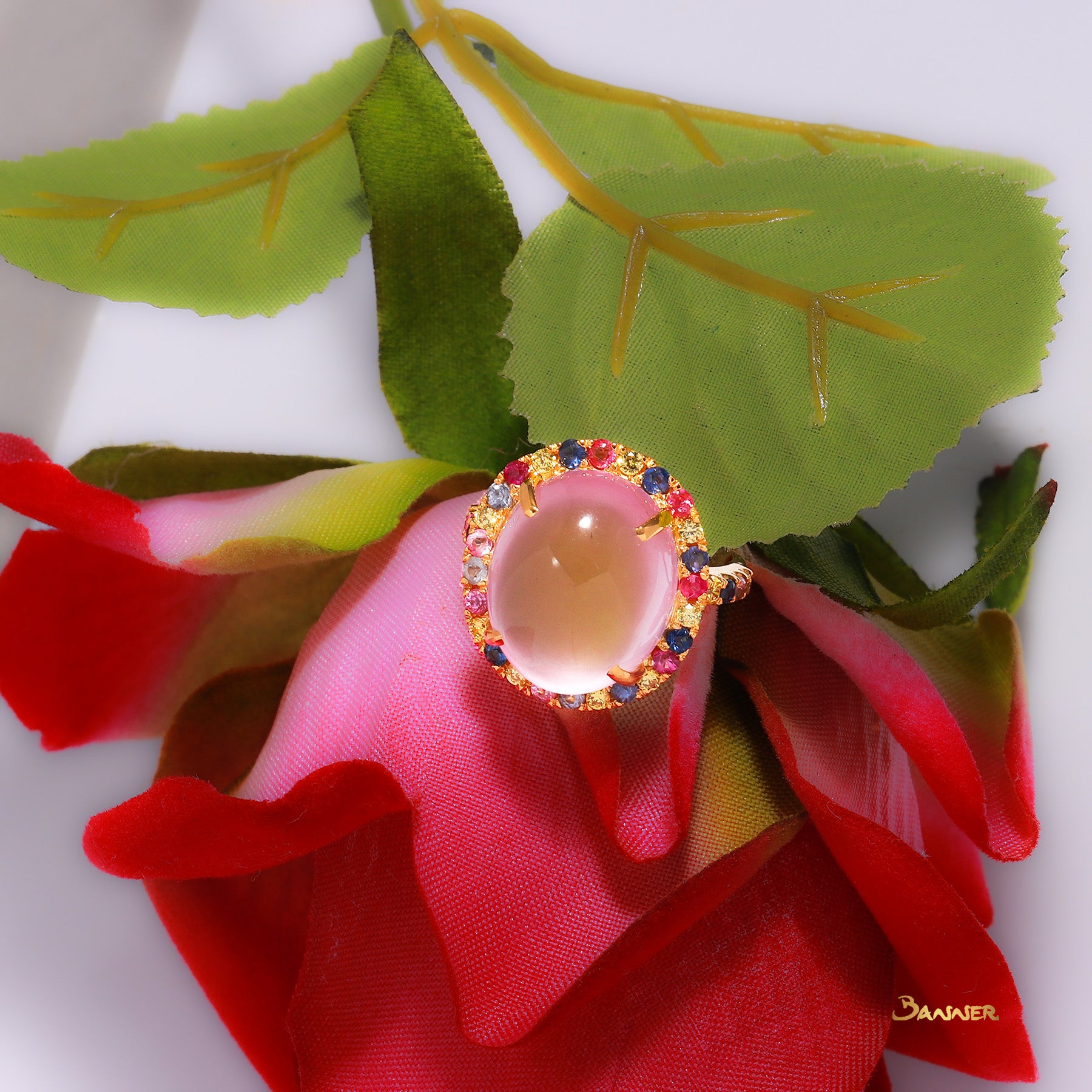 Rose Quartz and Multi-Colored Sapphire Halo Ring