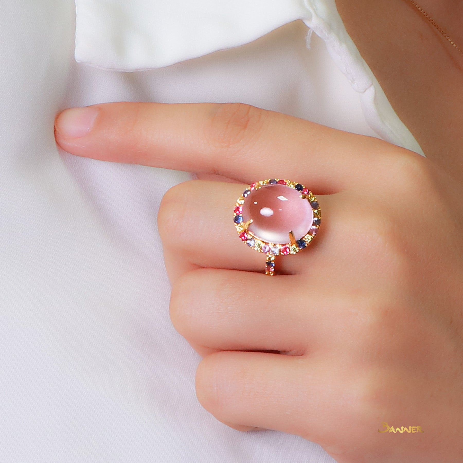 Rose Quartz and Multi-Colored Sapphire Halo Ring
