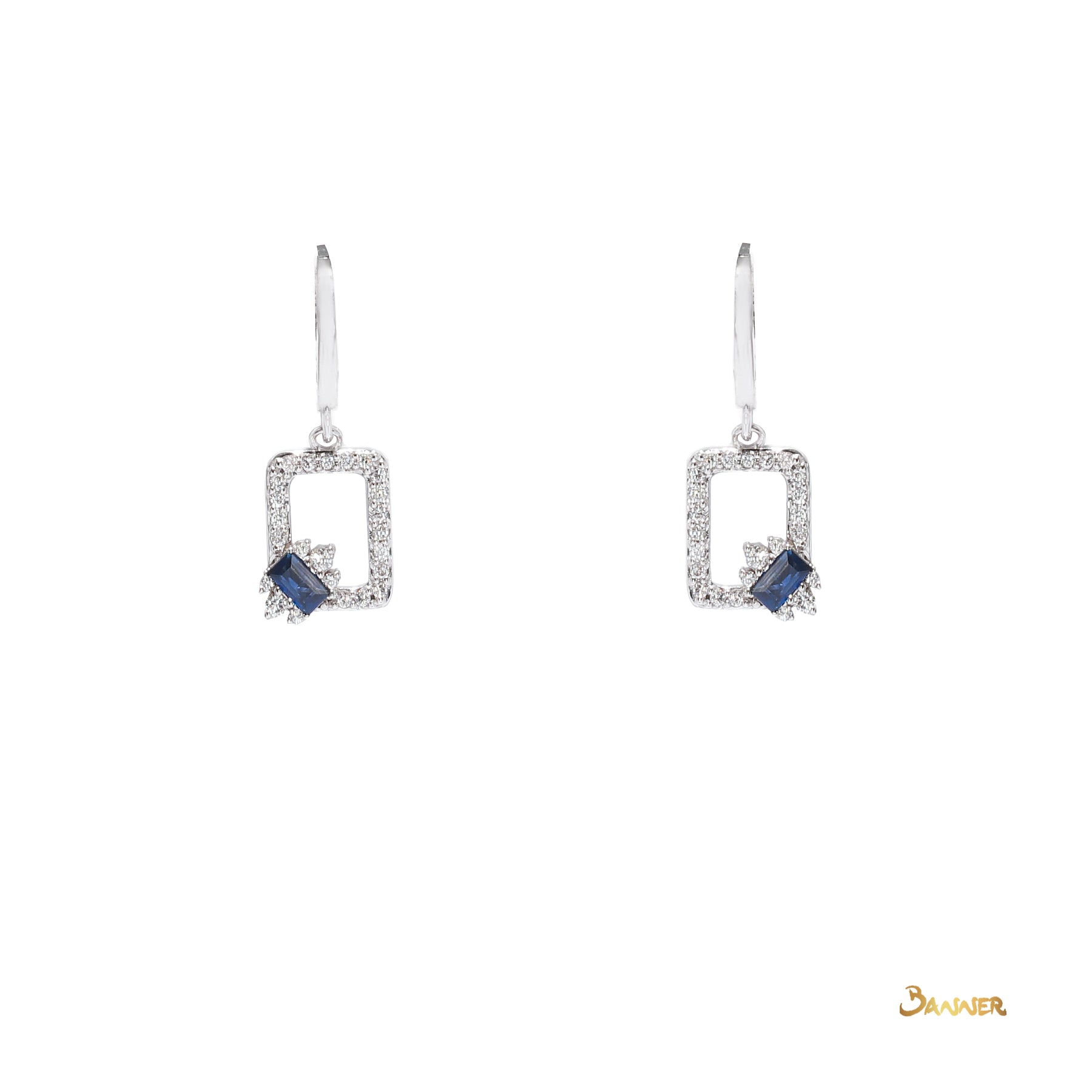 Emerald-cut Sapphire and Diamond Square Shape Dangle Earrings
