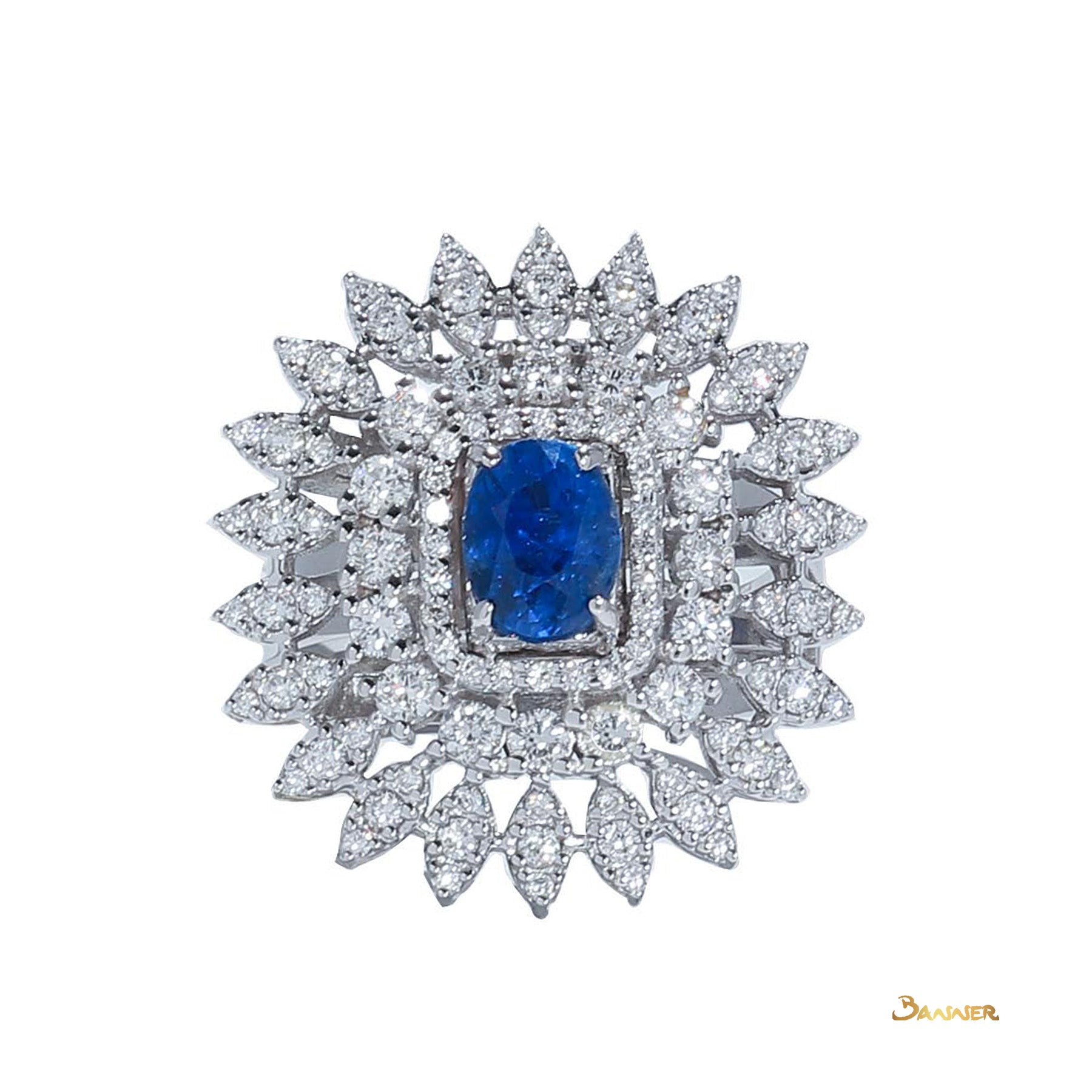 Sapphire and Diamond Double Halo Floral Ring