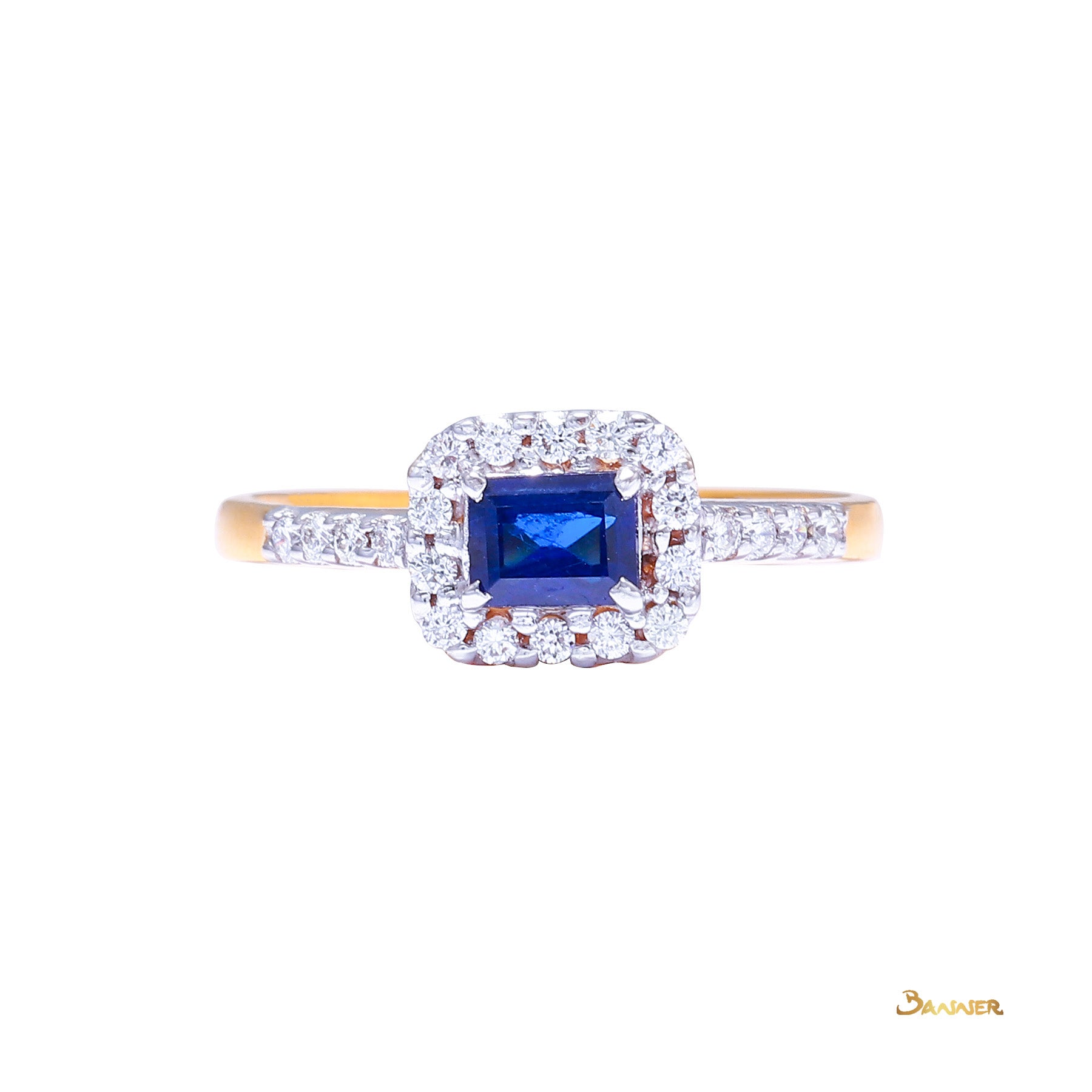 Emerald-cut Sapphire and Diamond Halo Ring