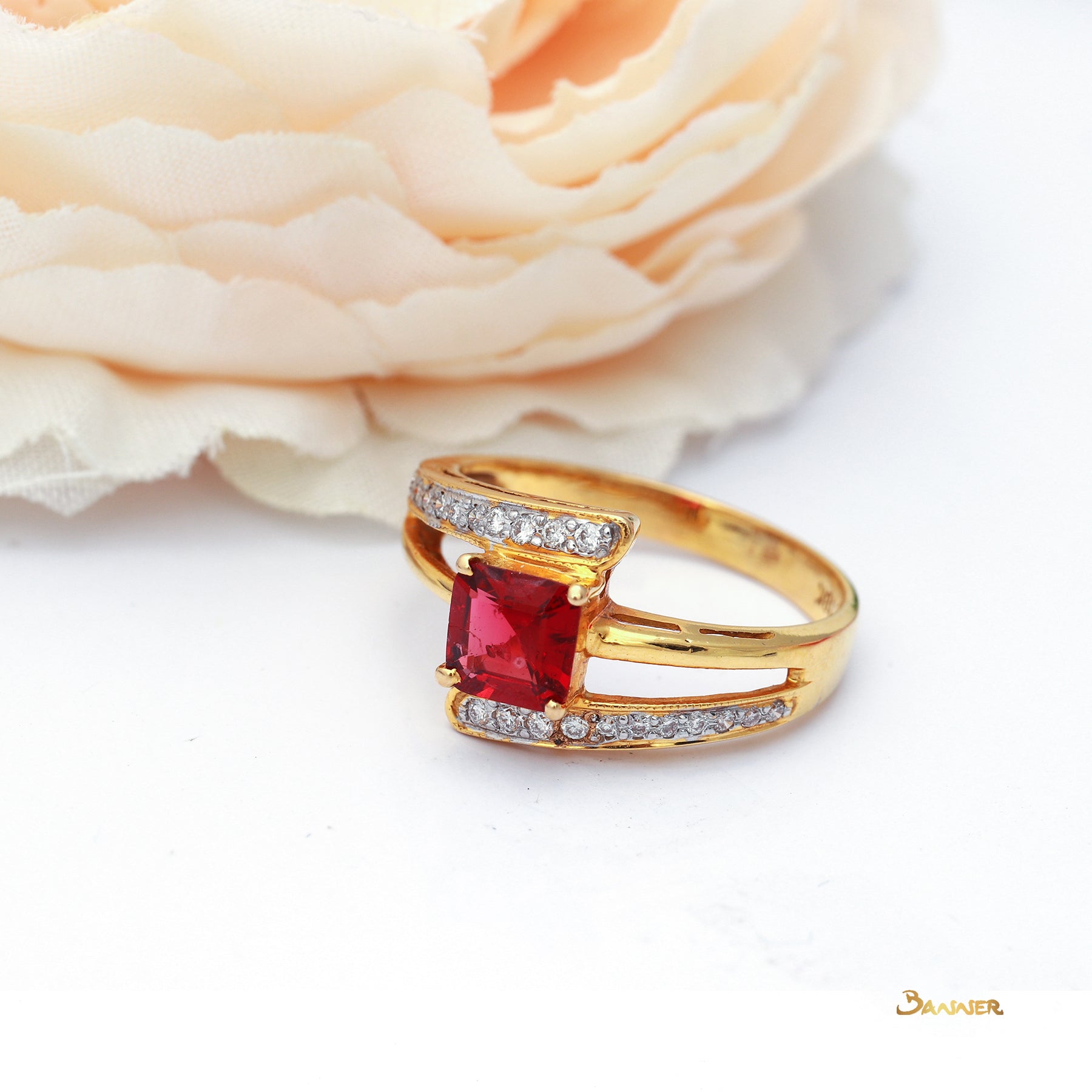 Emerald-cut Spinel and Diamond Bypass Ring