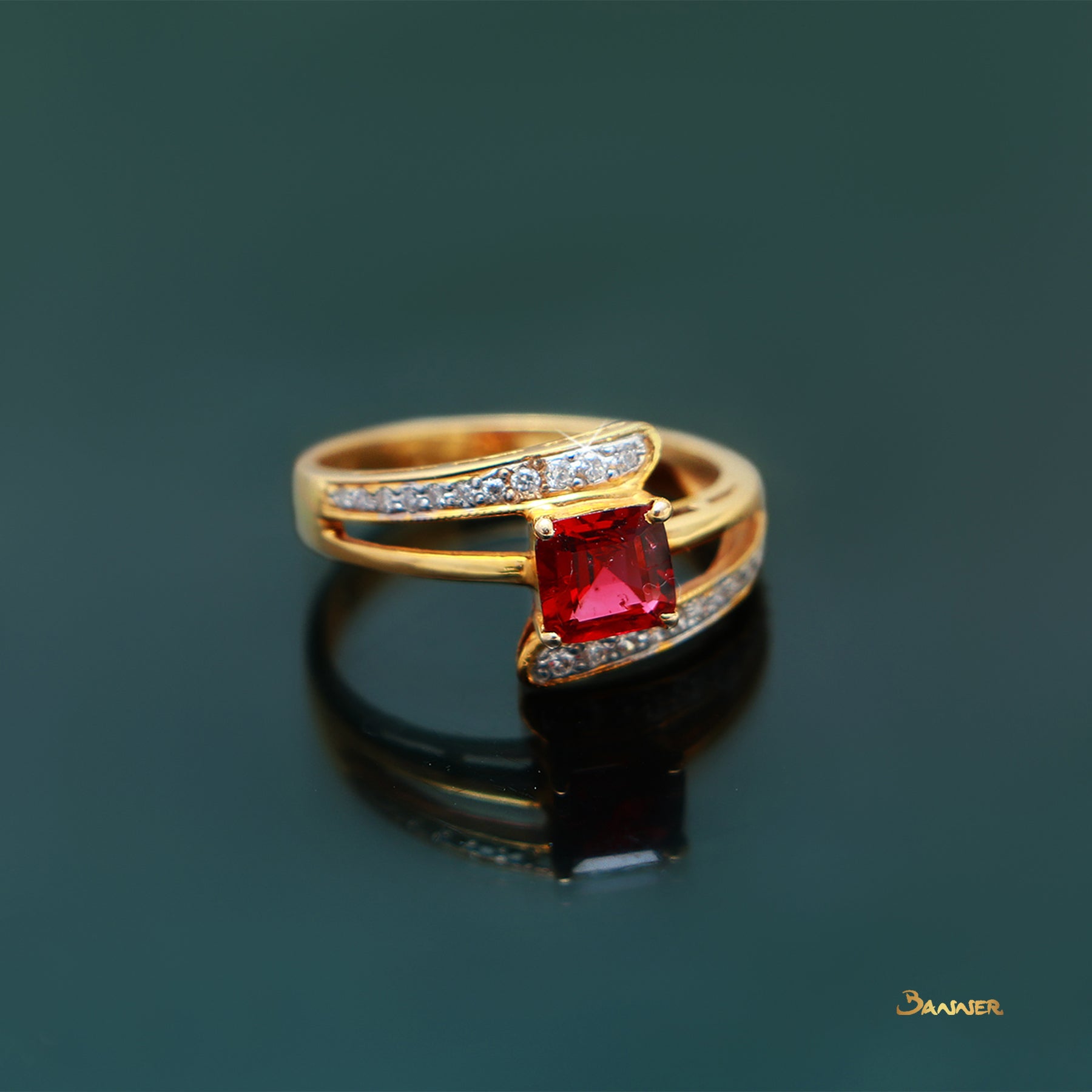 Emerald-cut Spinel and Diamond Bypass Ring