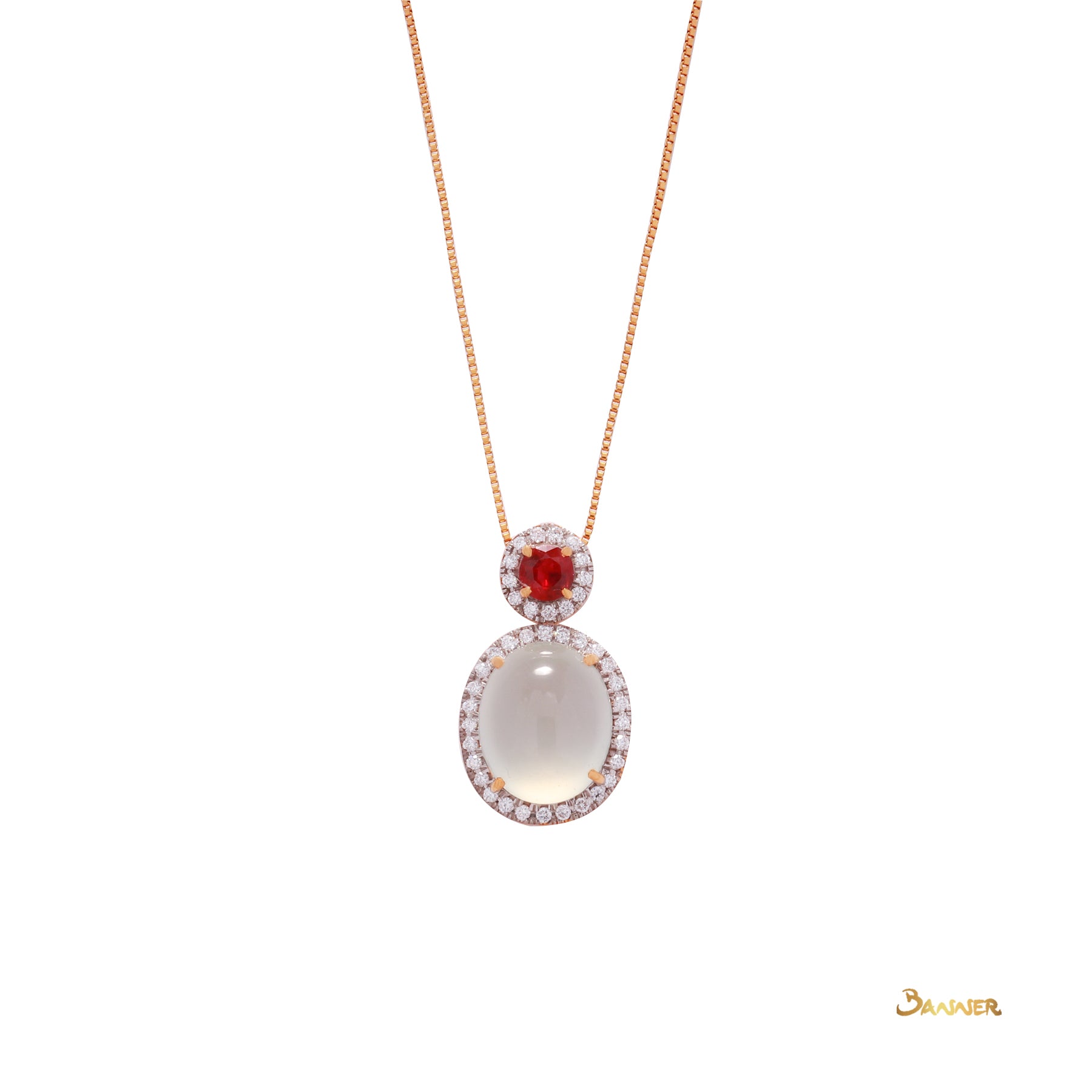 White Jade , Ruby and Diamond Halo Pendant