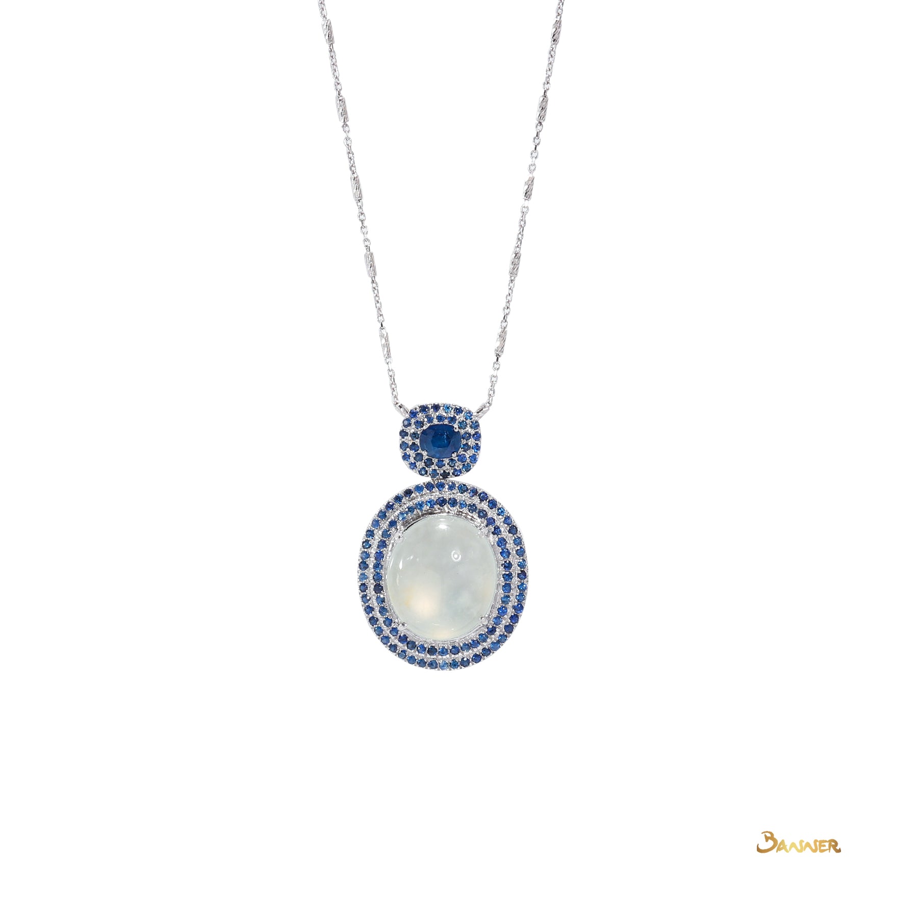 White Jade and Sapphire 2-step Halo Pendant