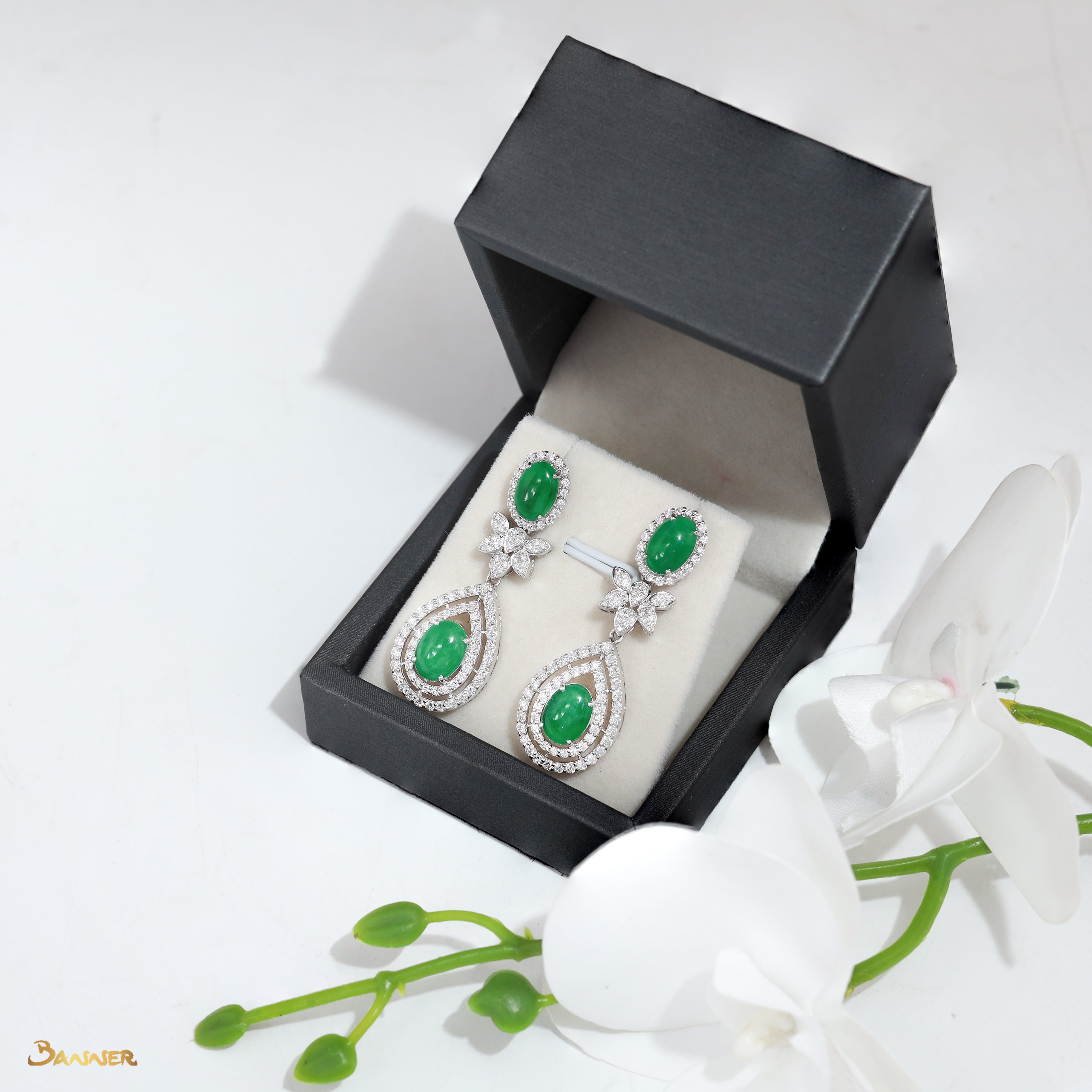 Jade and Diamond Elegant Floral 2-Way Earrings