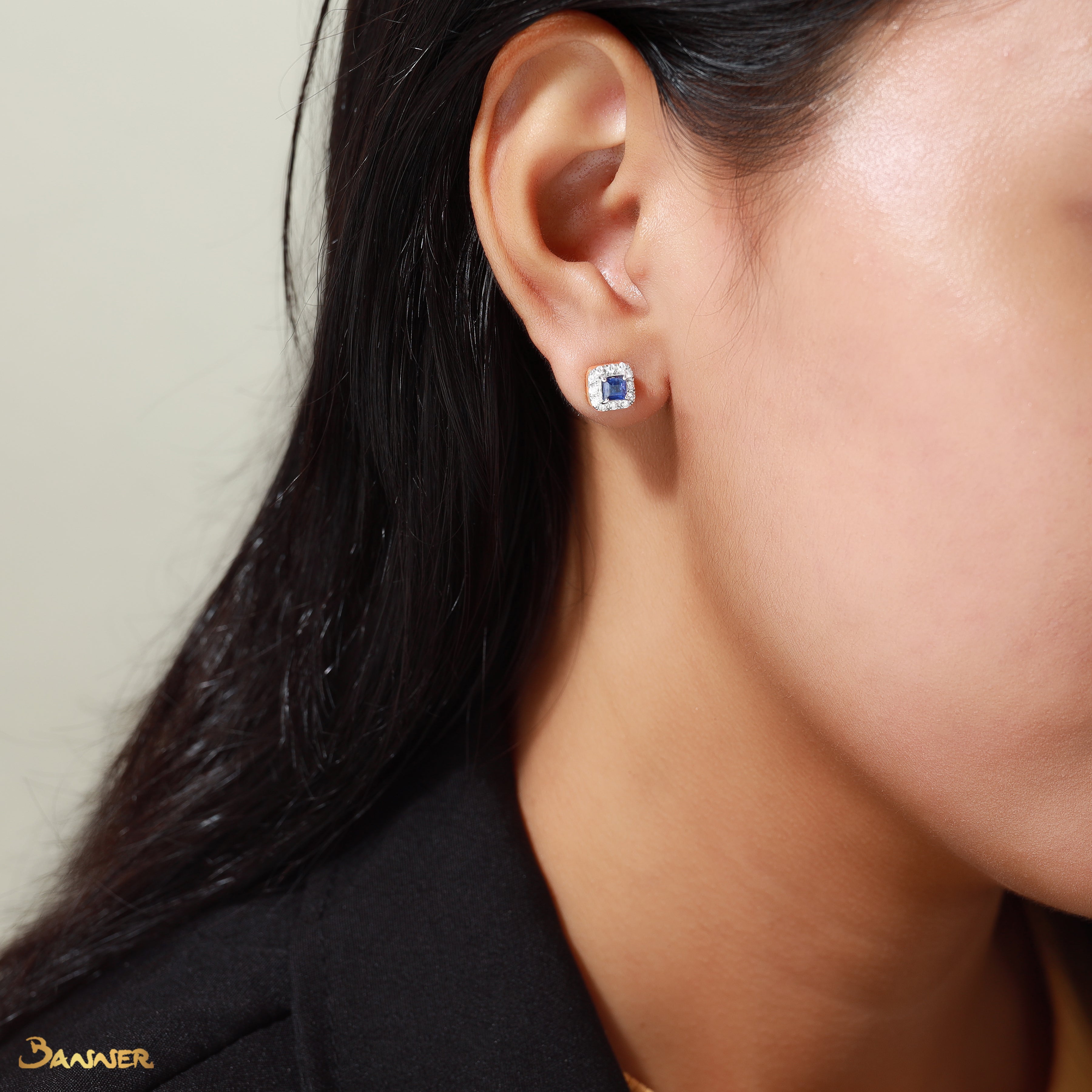 Emerald-cut Sapphire and Diamond Halo Earrings