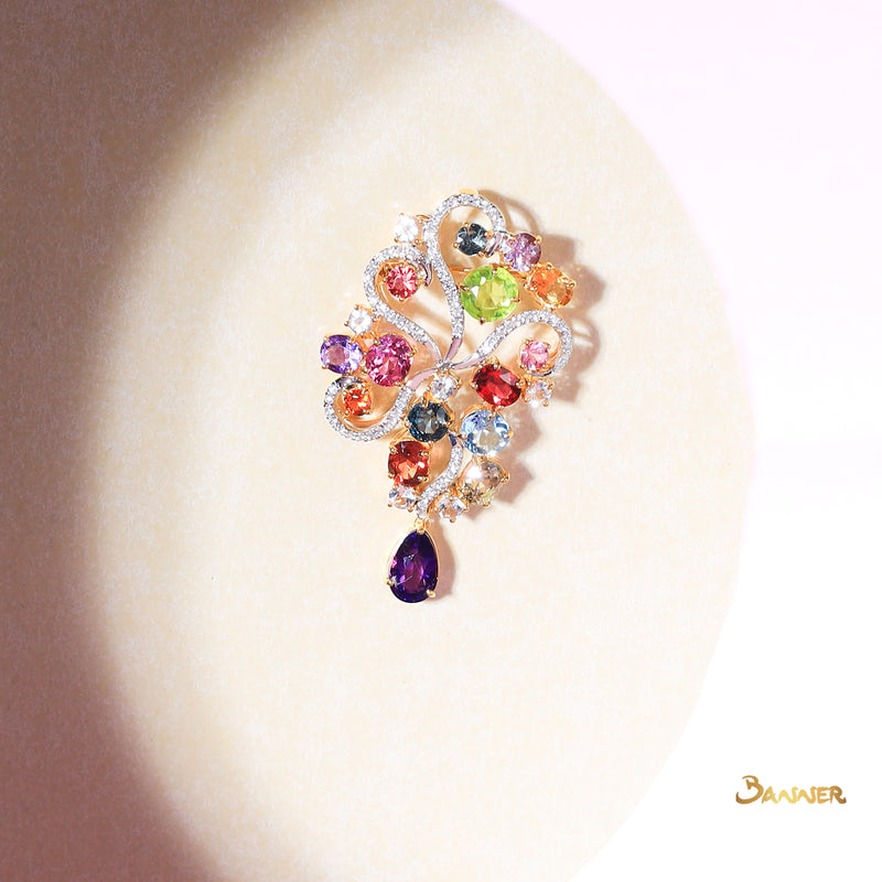 Multi-colored Spinel and Diamond Kanote Brooch