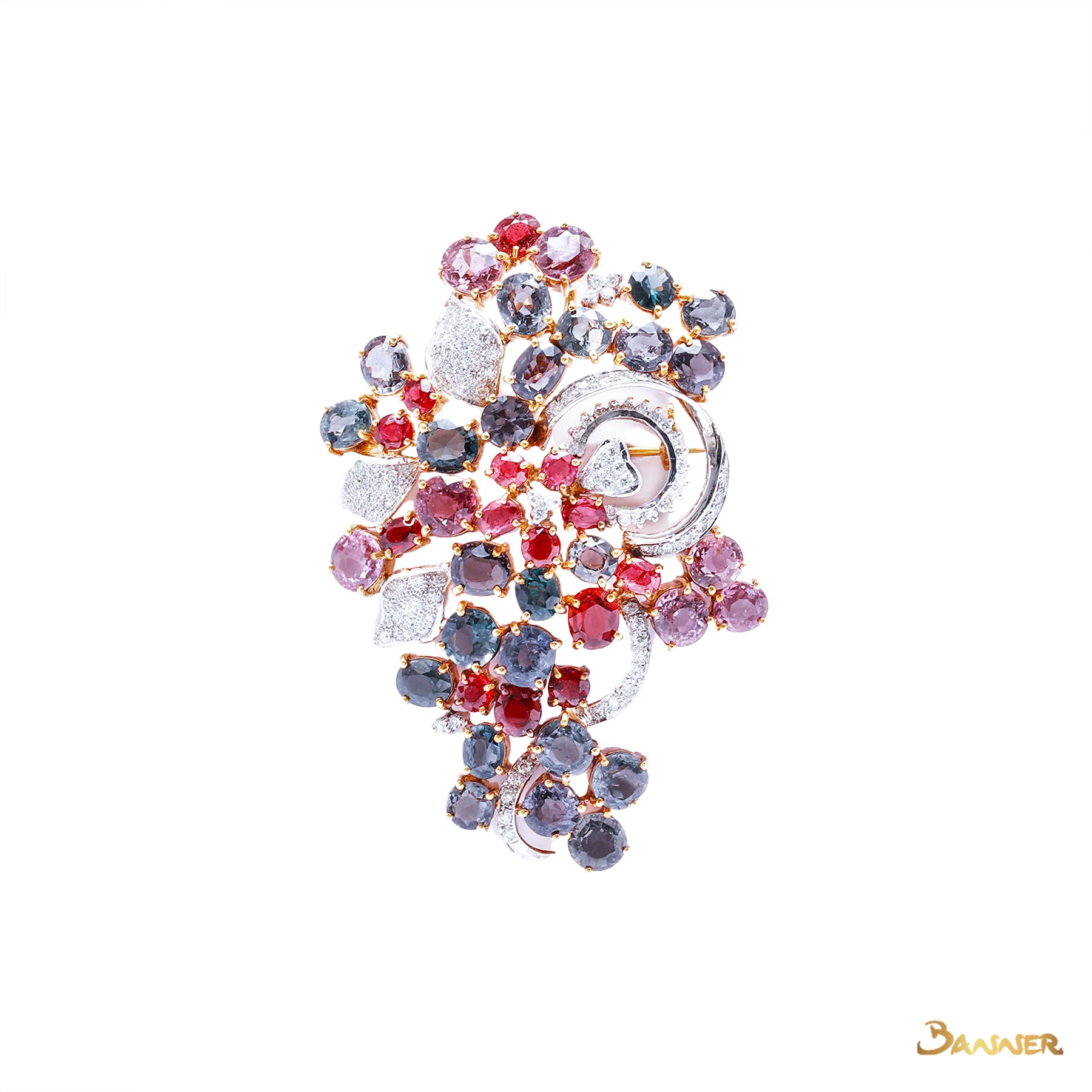 Multi-Colored Spinel and Diamond Flower Brooch