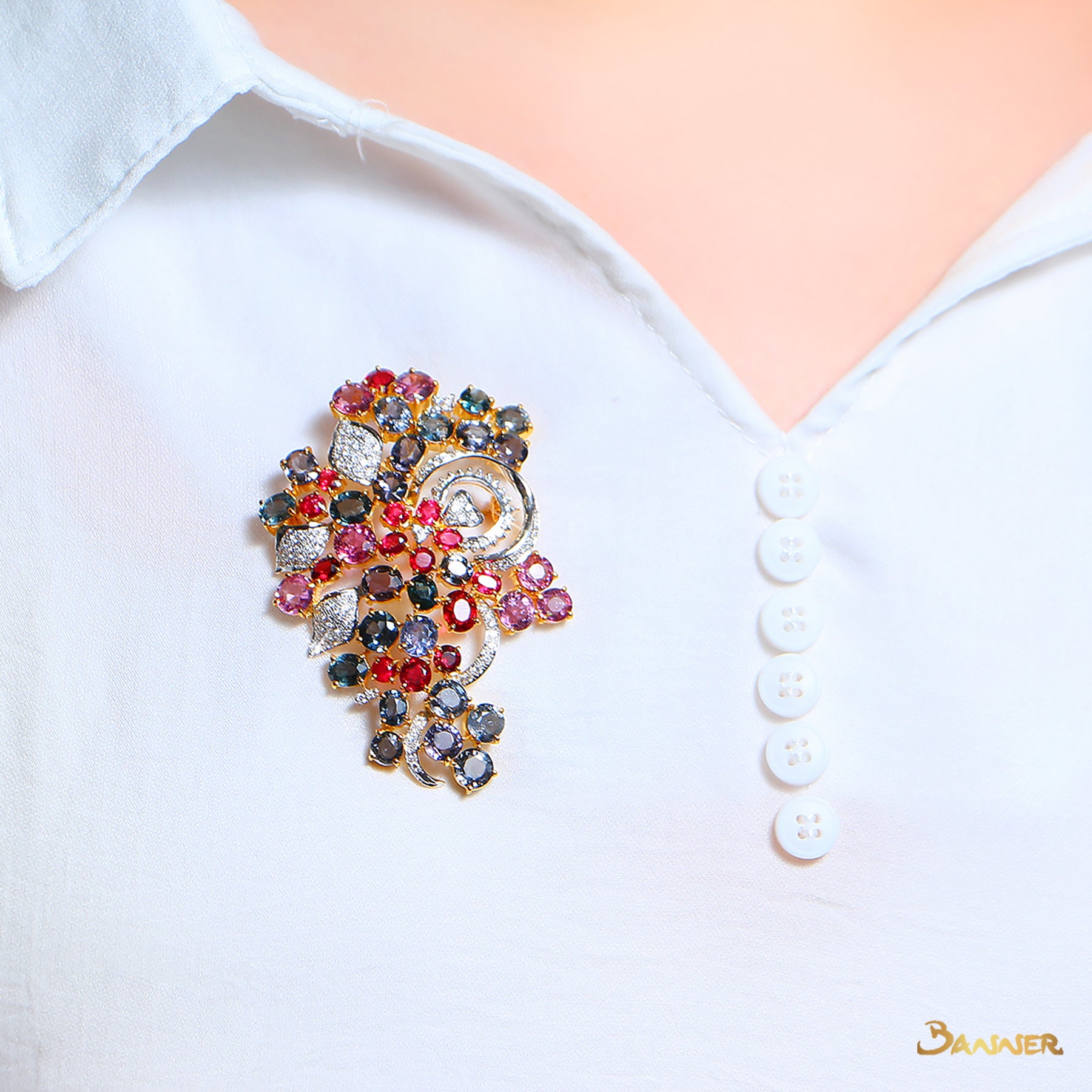 Multi-Colored Spinel and Diamond Flower Brooch