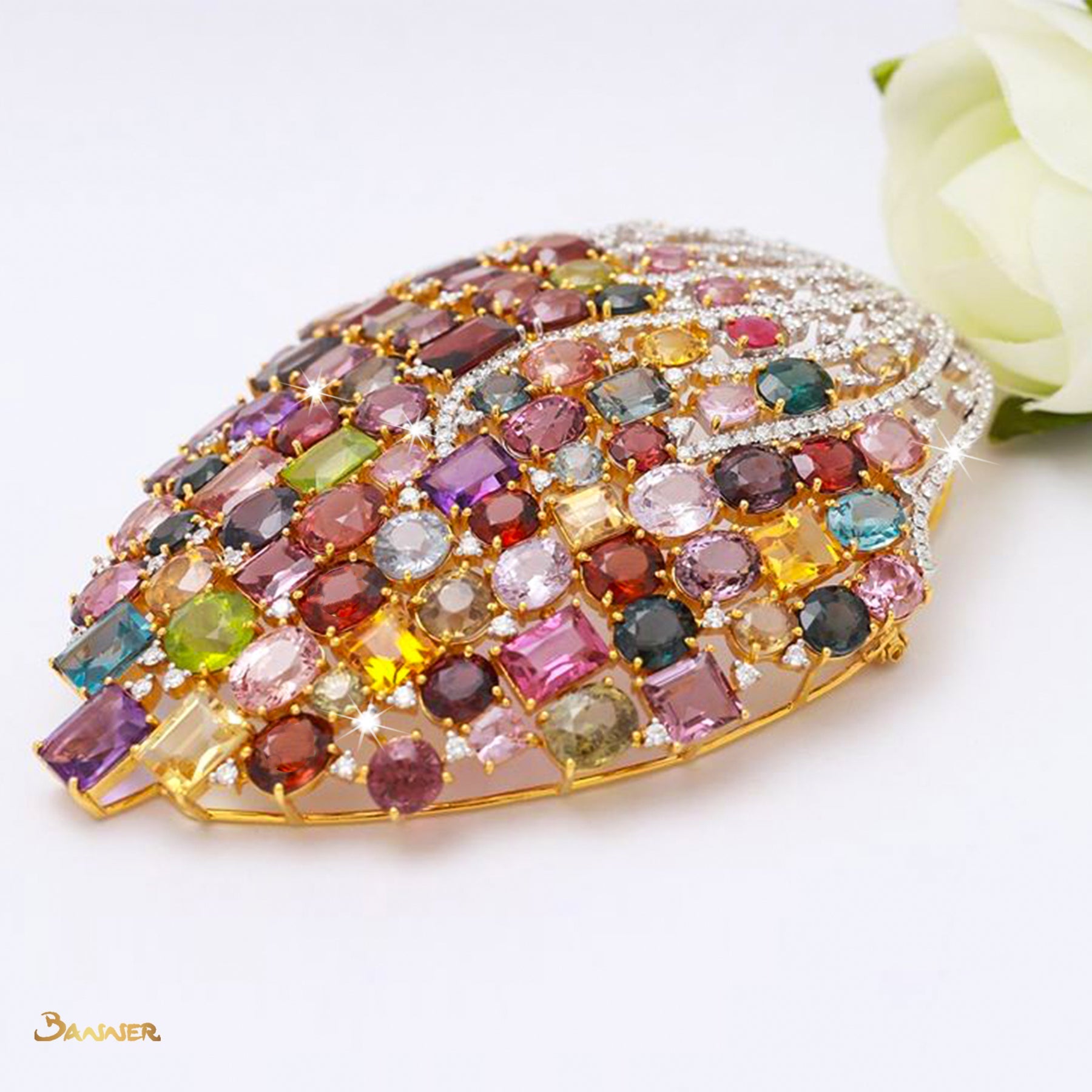 Multi-Colored Spinel and Diamond Brooch