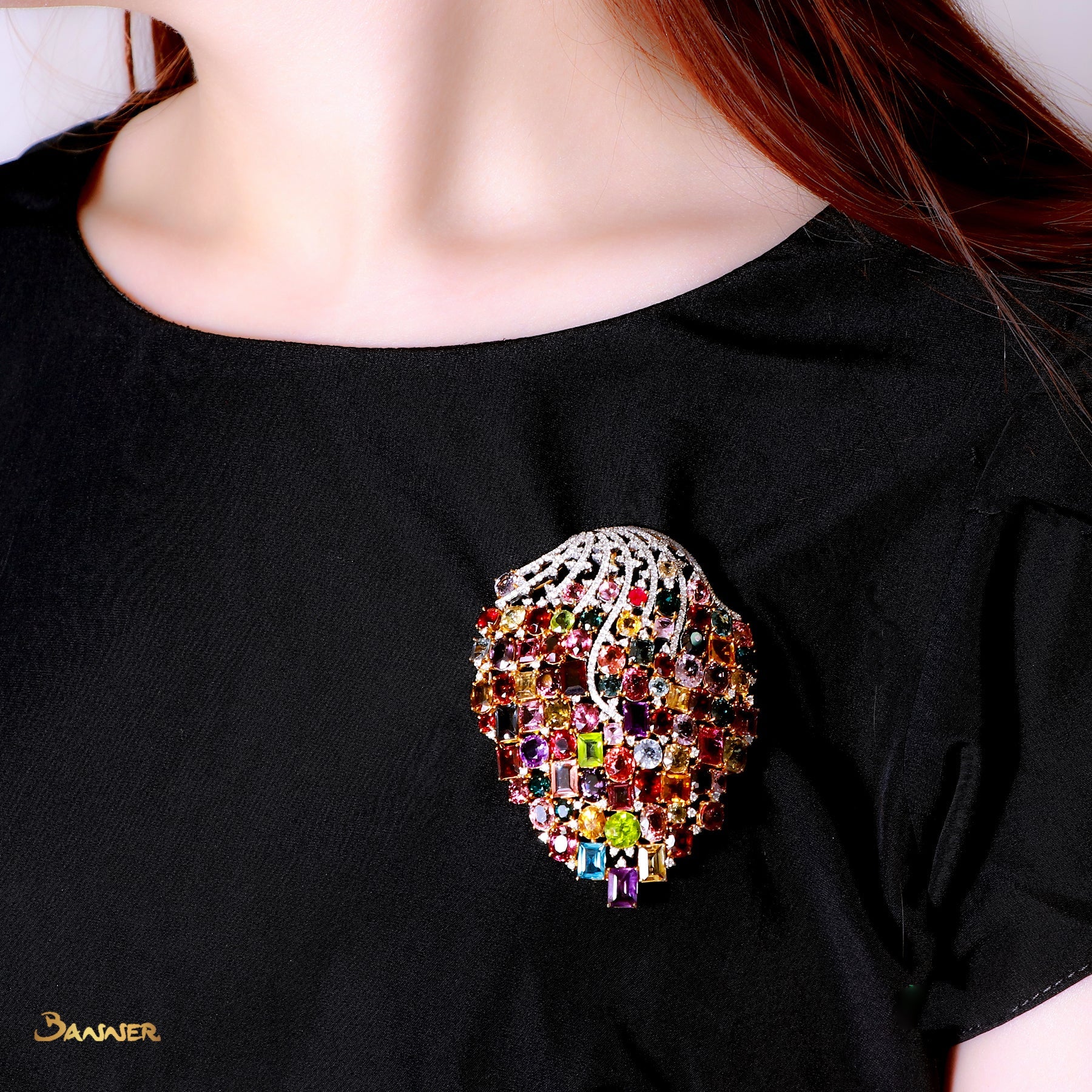 Multi-Colored Spinel and Diamond Brooch