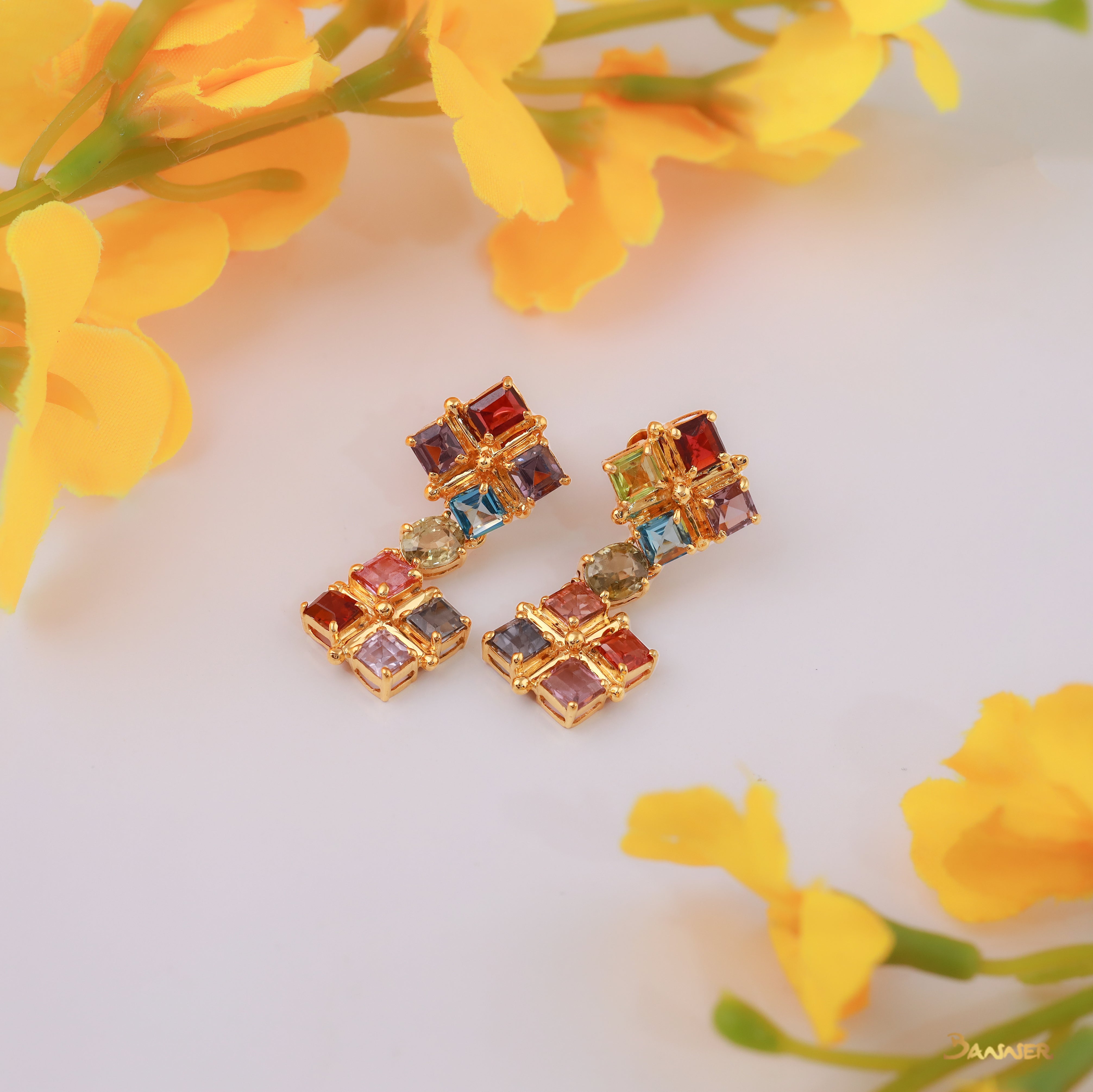 Multi-Colored Spinel Emerald Cut 2 steps Earrings