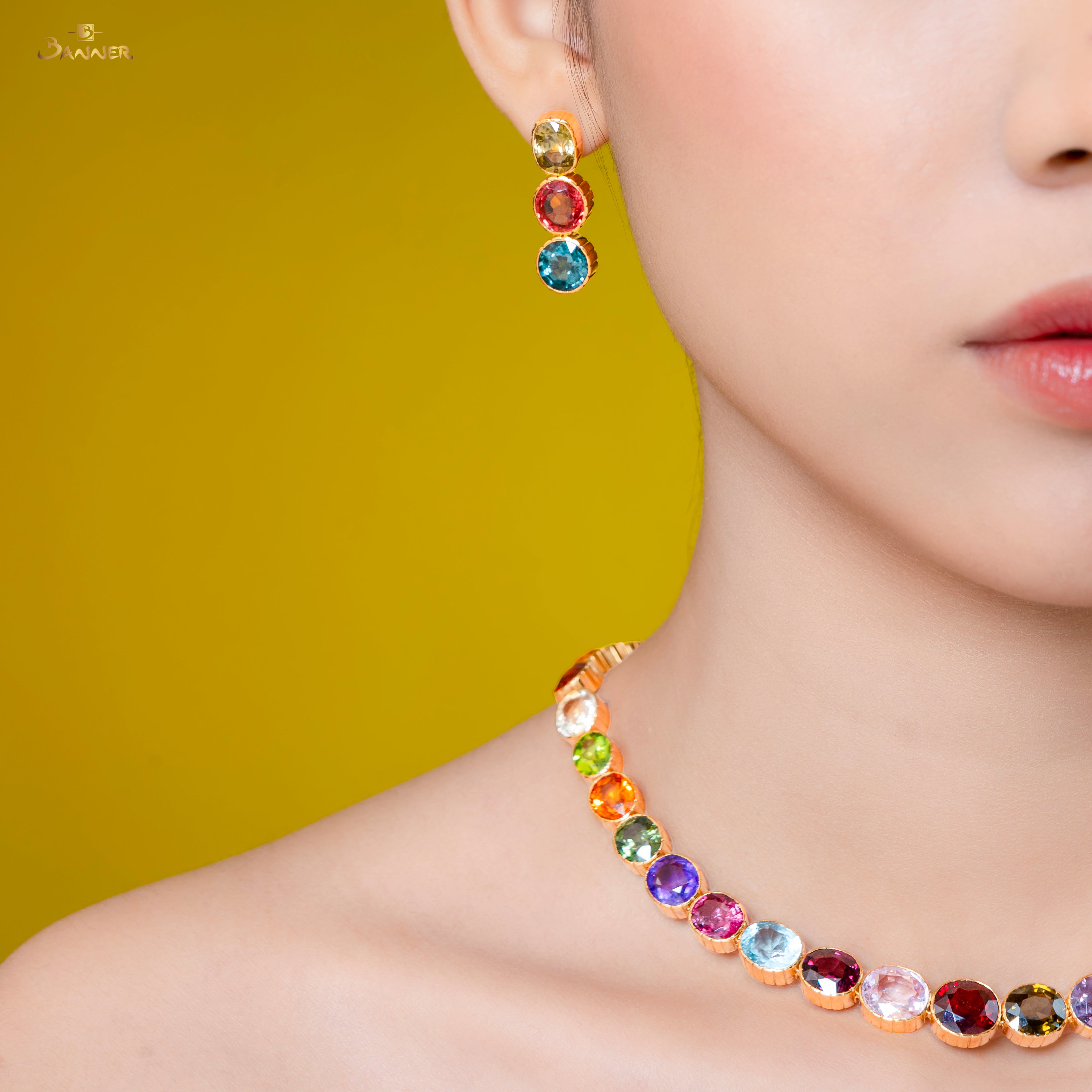 Multi-Colored Spinel 3-steps Dangle Earrings