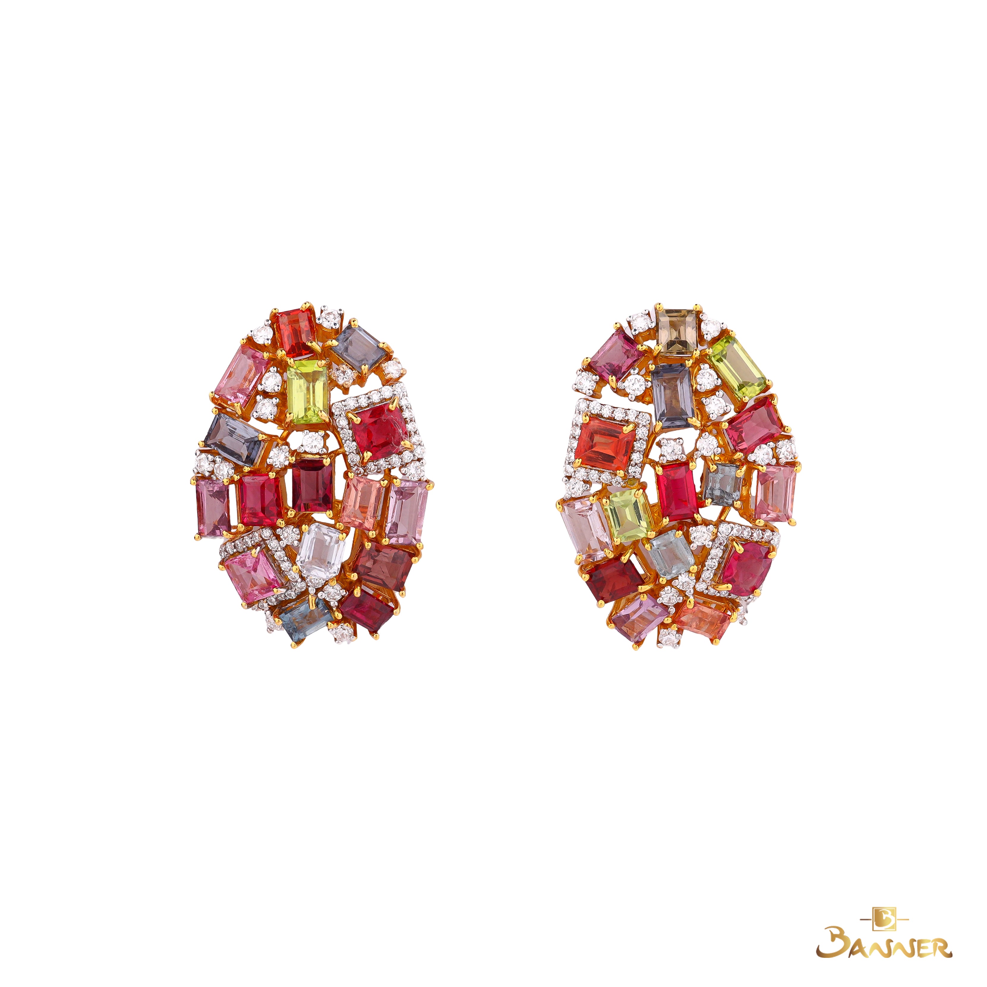 Multi-colored Spinel , Peridot and Diamond Radiant Earrings