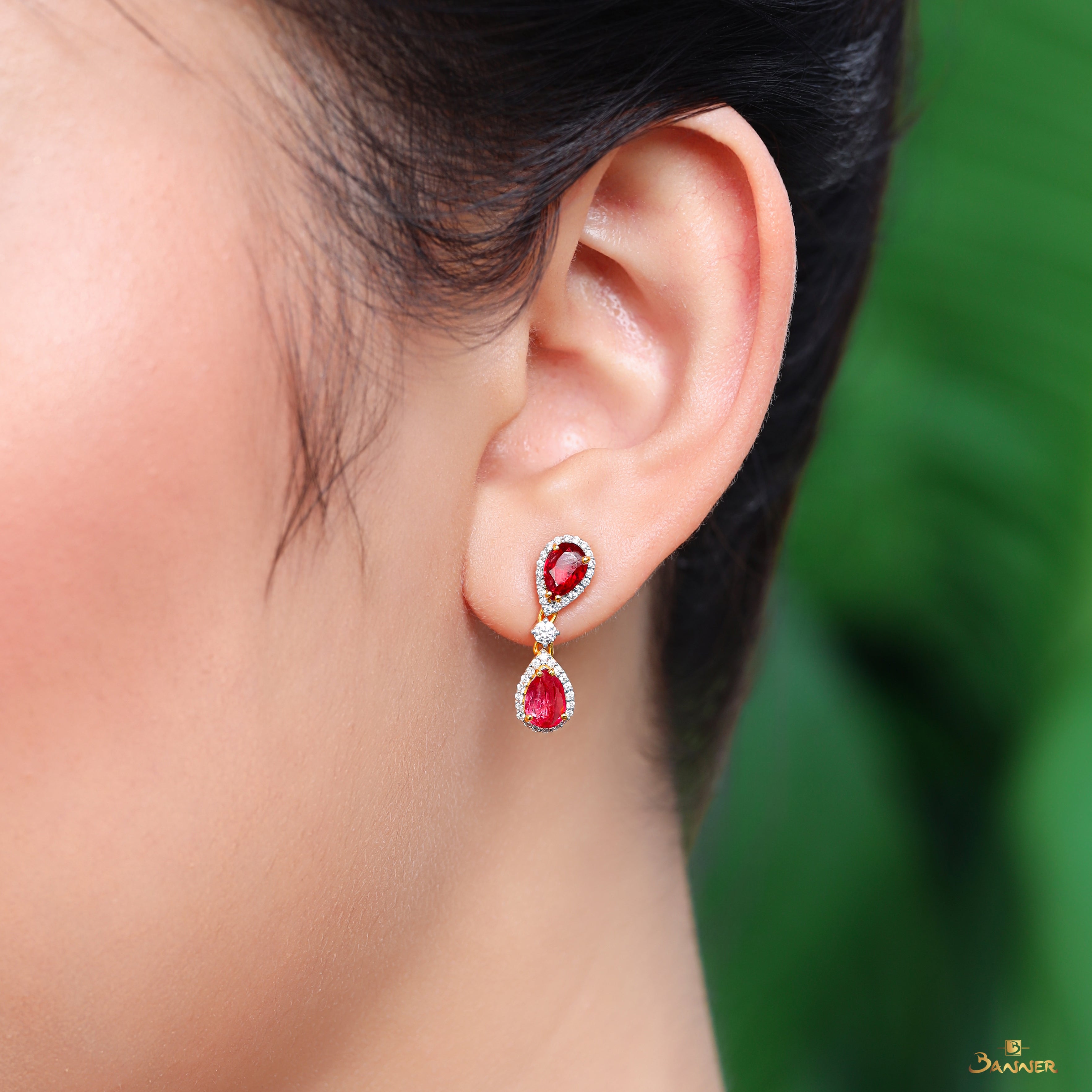 Spinel and Diamond Halo Drop Dangle Earrings