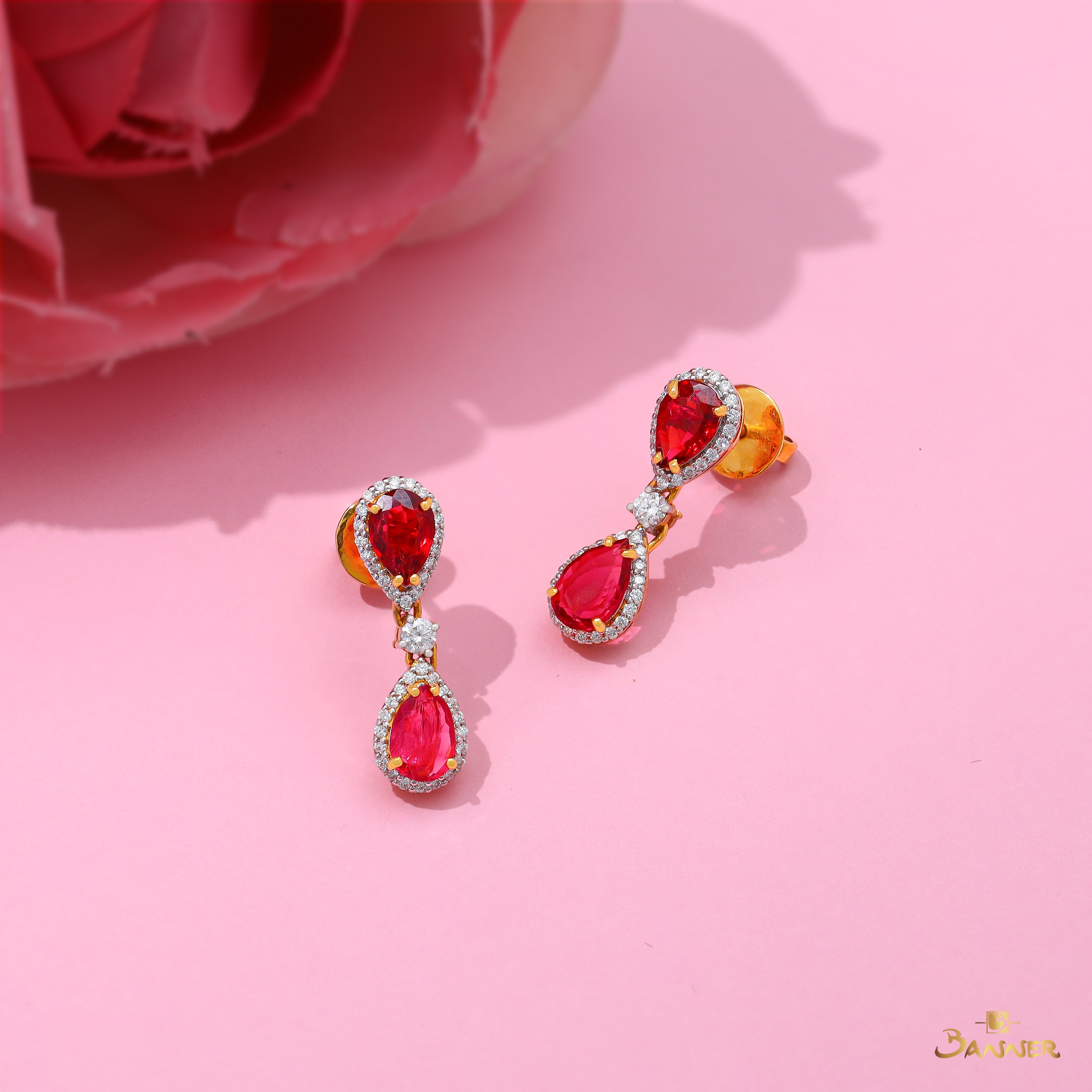 Spinel and Diamond Halo Drop Dangle Earrings