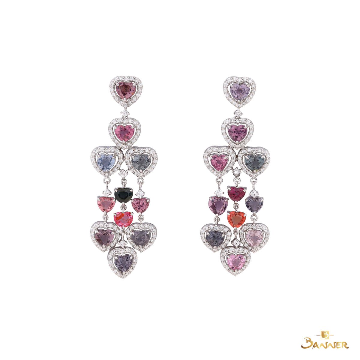 Multi-colored Spinel and Diamond Heart Shape Dangle Earrings