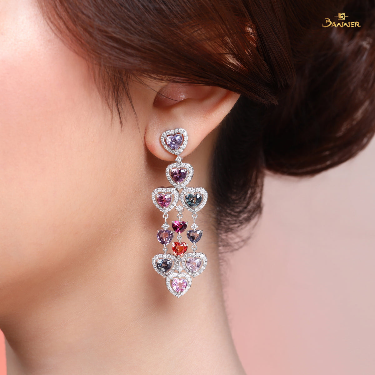 Multi-colored Spinel and Diamond Heart Shape Dangle Earrings