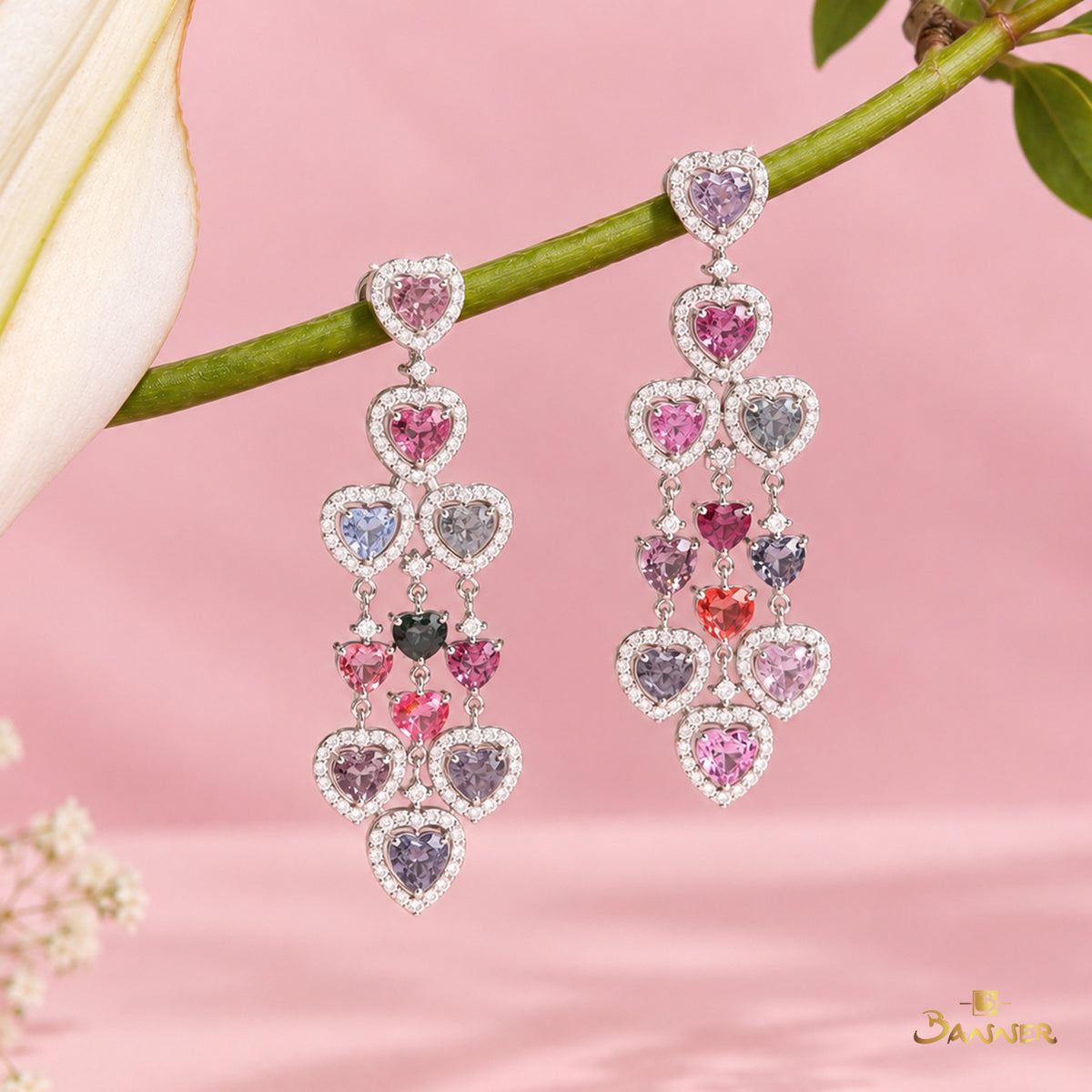 Multi-colored Spinel and Diamond Heart Shape Dangle Earrings