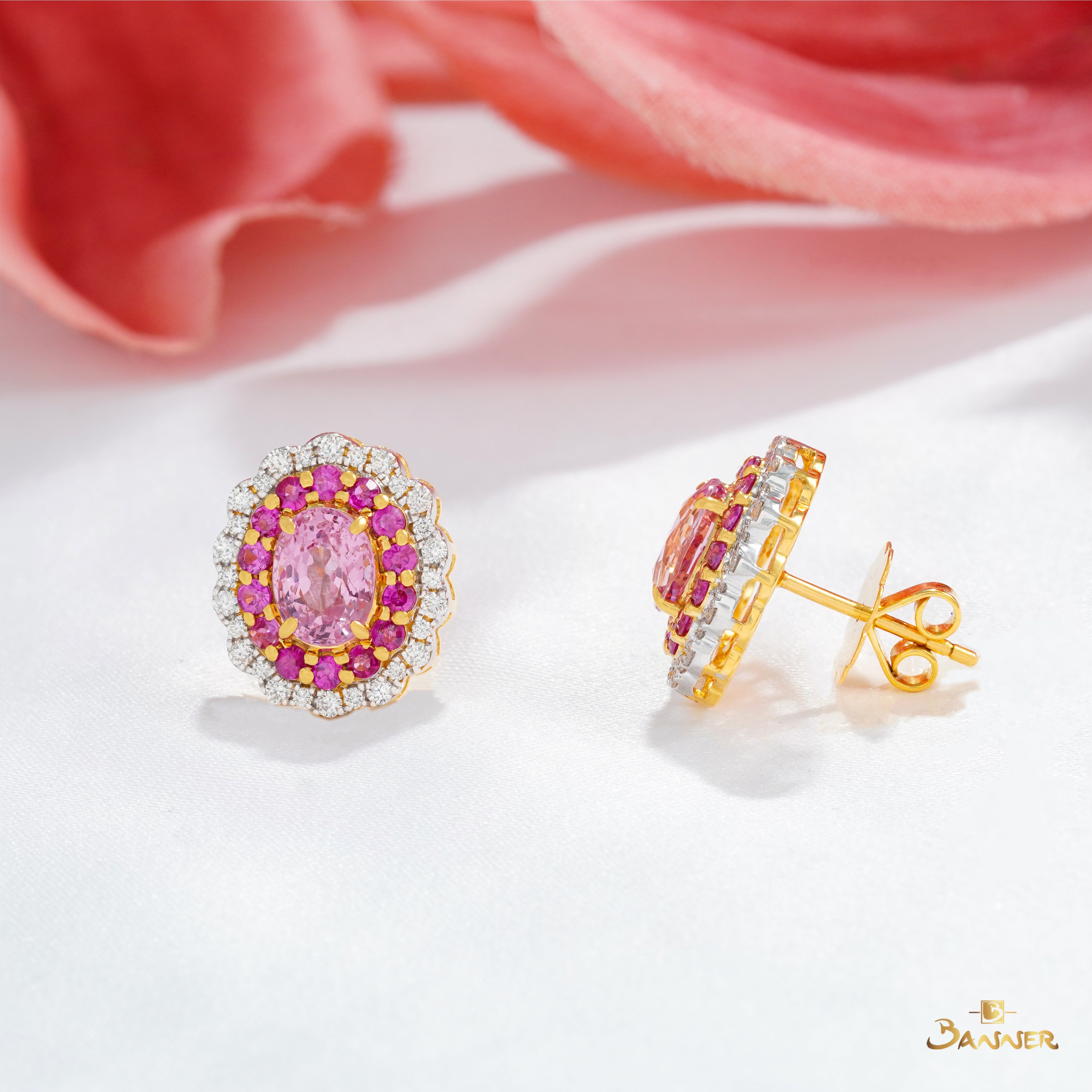 Pink Spinel, Ruby and Diamond Floral Earrings
