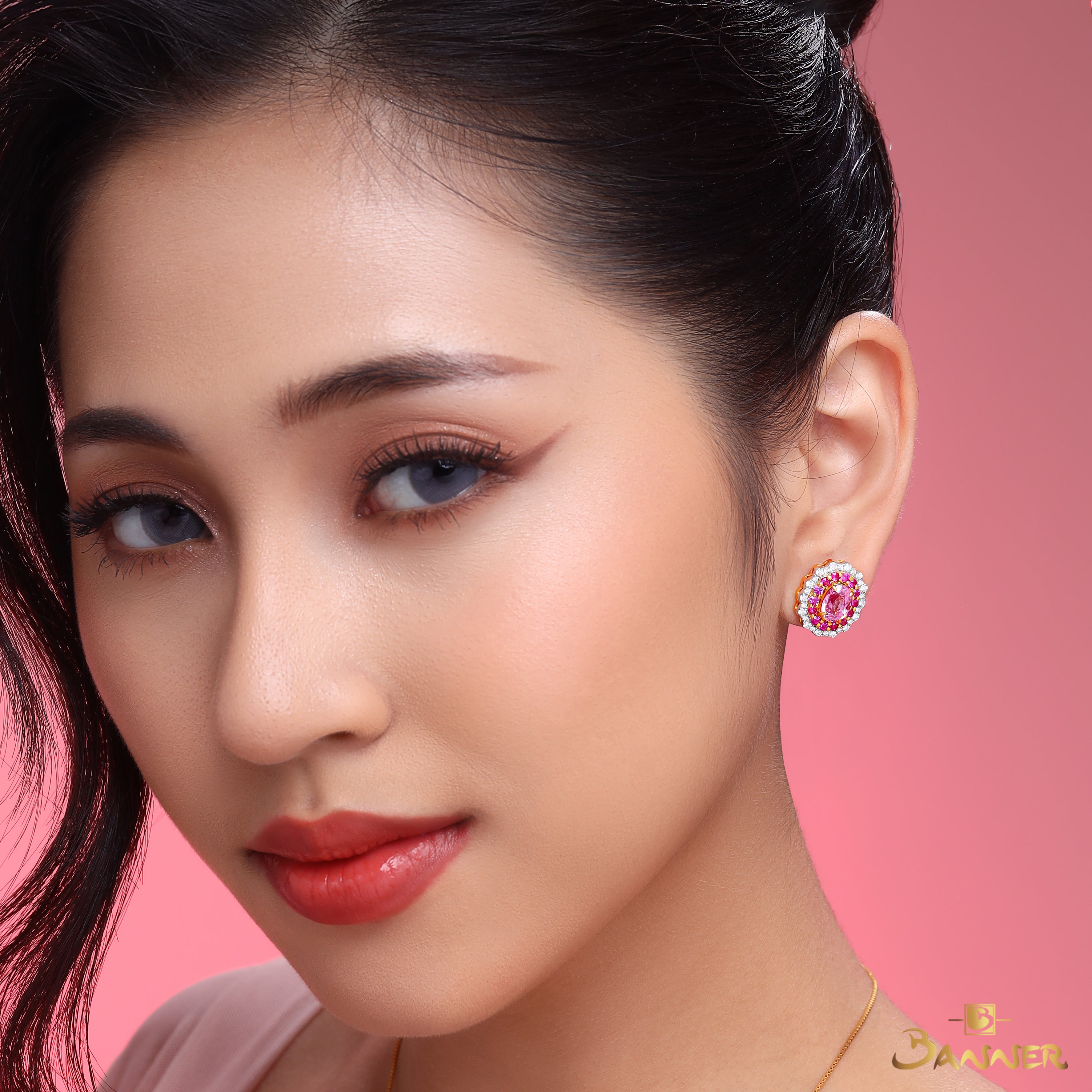 Pink Spinel, Ruby and Diamond Floral Earrings