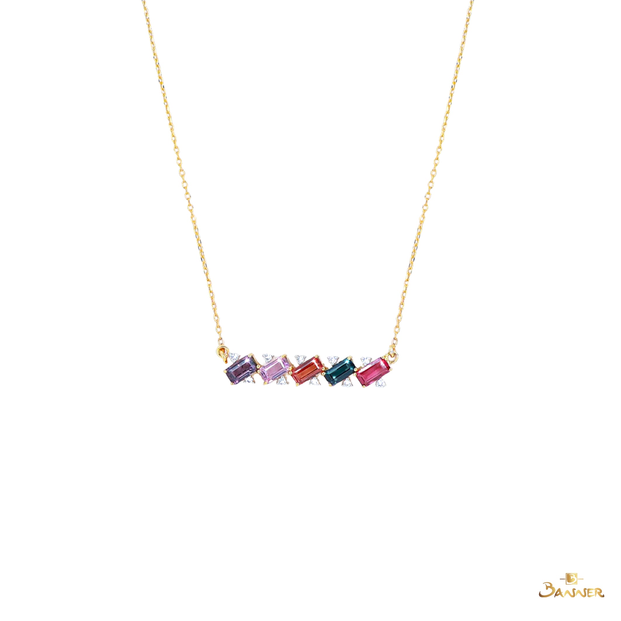 Emerald-cut Multi Colored Spinel and Diamond Zinnia Necklace