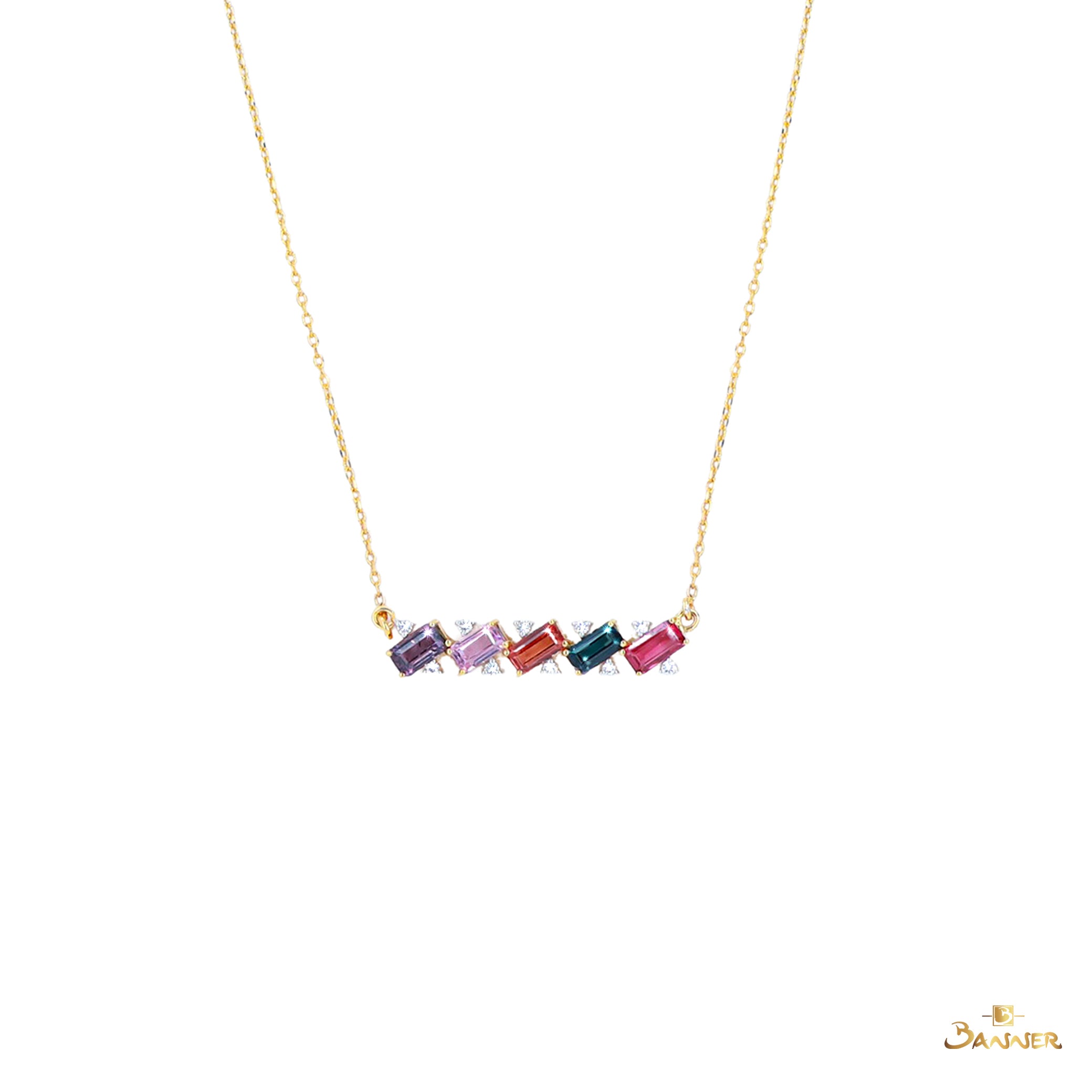 Emerald-cut Multi Colored Spinel and Diamond Zinnia Necklace