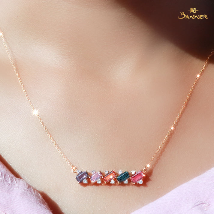 Emerald-cut Multi Colored Spinel and Diamond Zinnia Necklace