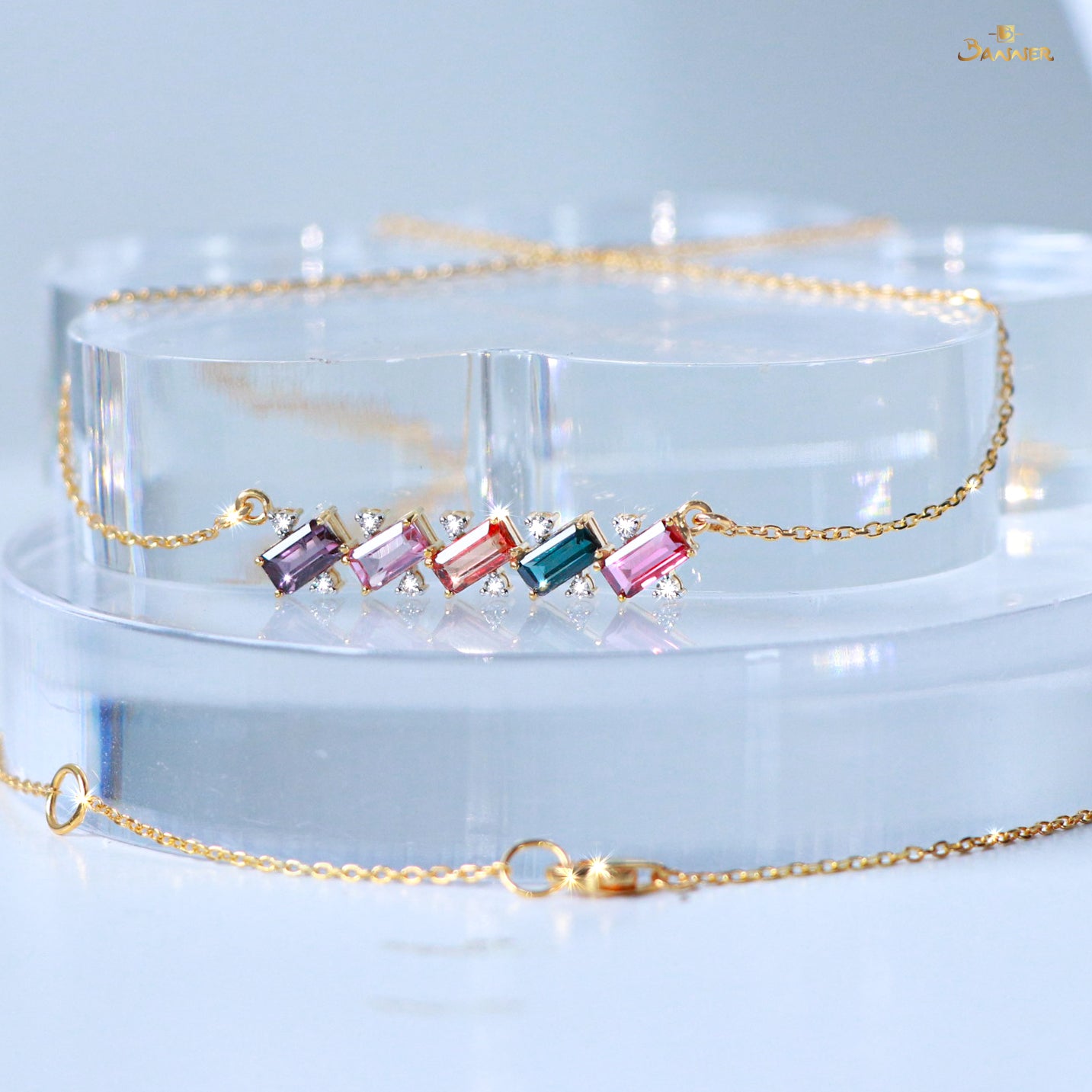 Emerald-cut Multi Colored Spinel and Diamond Zinnia Necklace