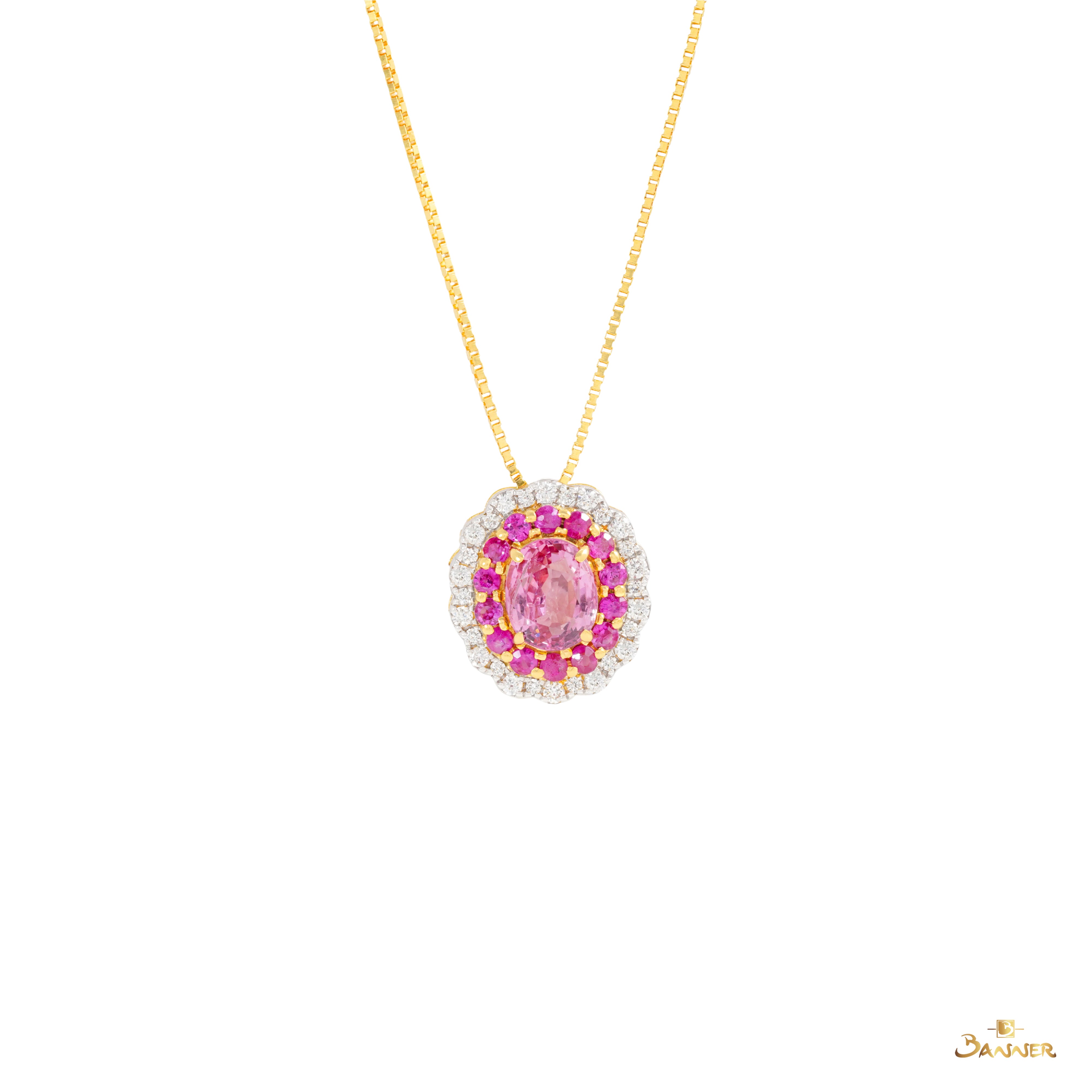 Pink Spinel, Ruby and Diamond Floral Pendant