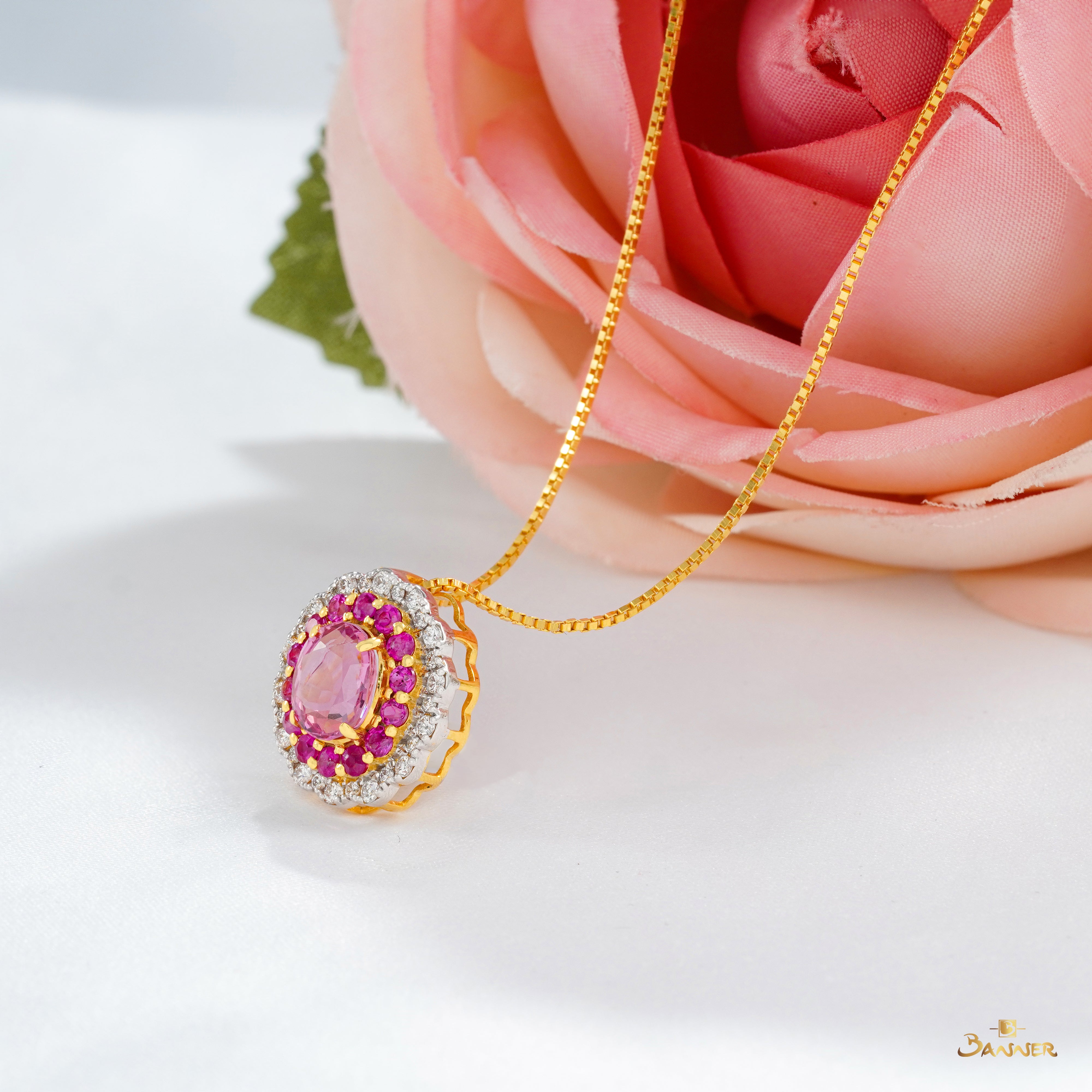 Pink Spinel, Ruby and Diamond Floral Pendant