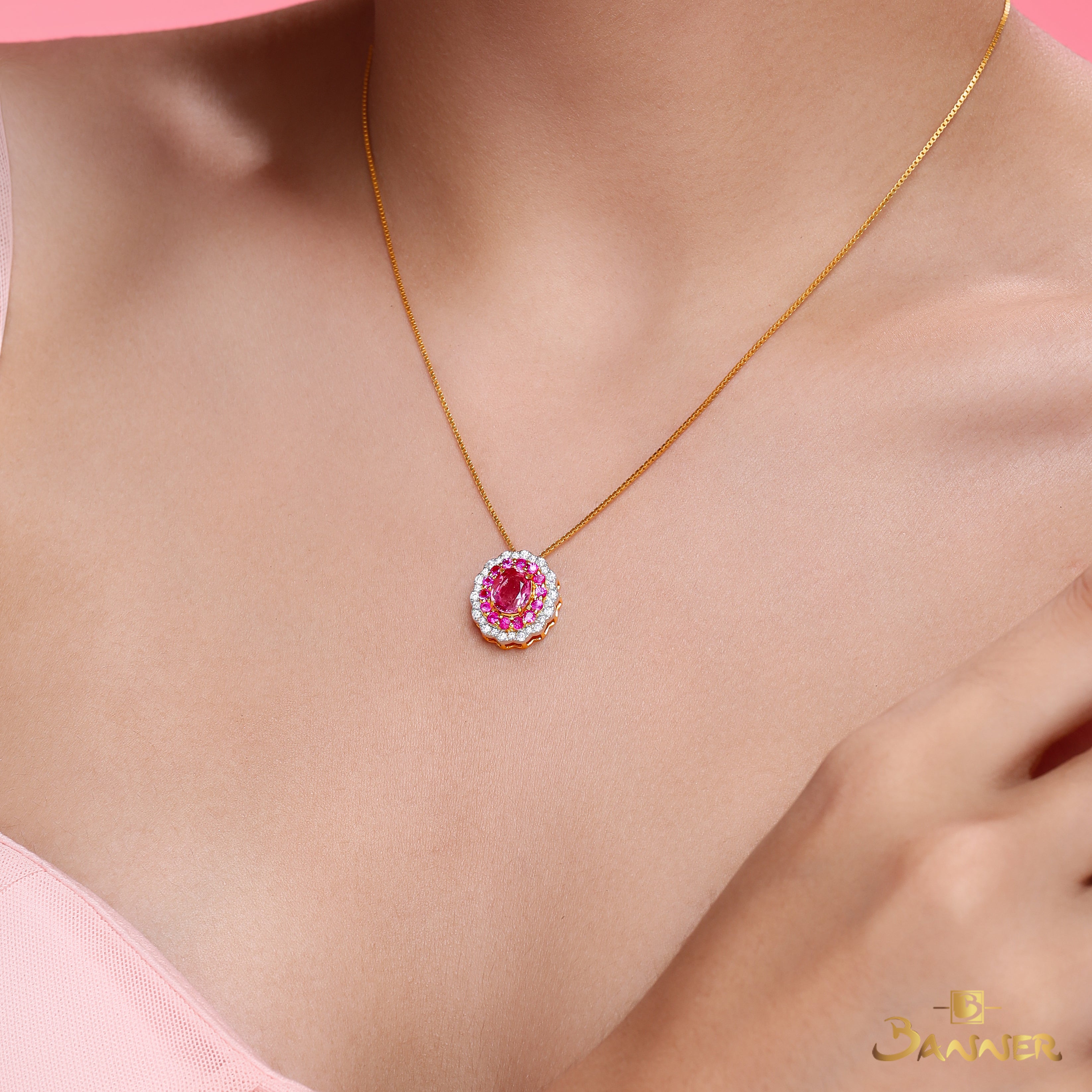 Pink Spinel, Ruby and Diamond Floral Pendant