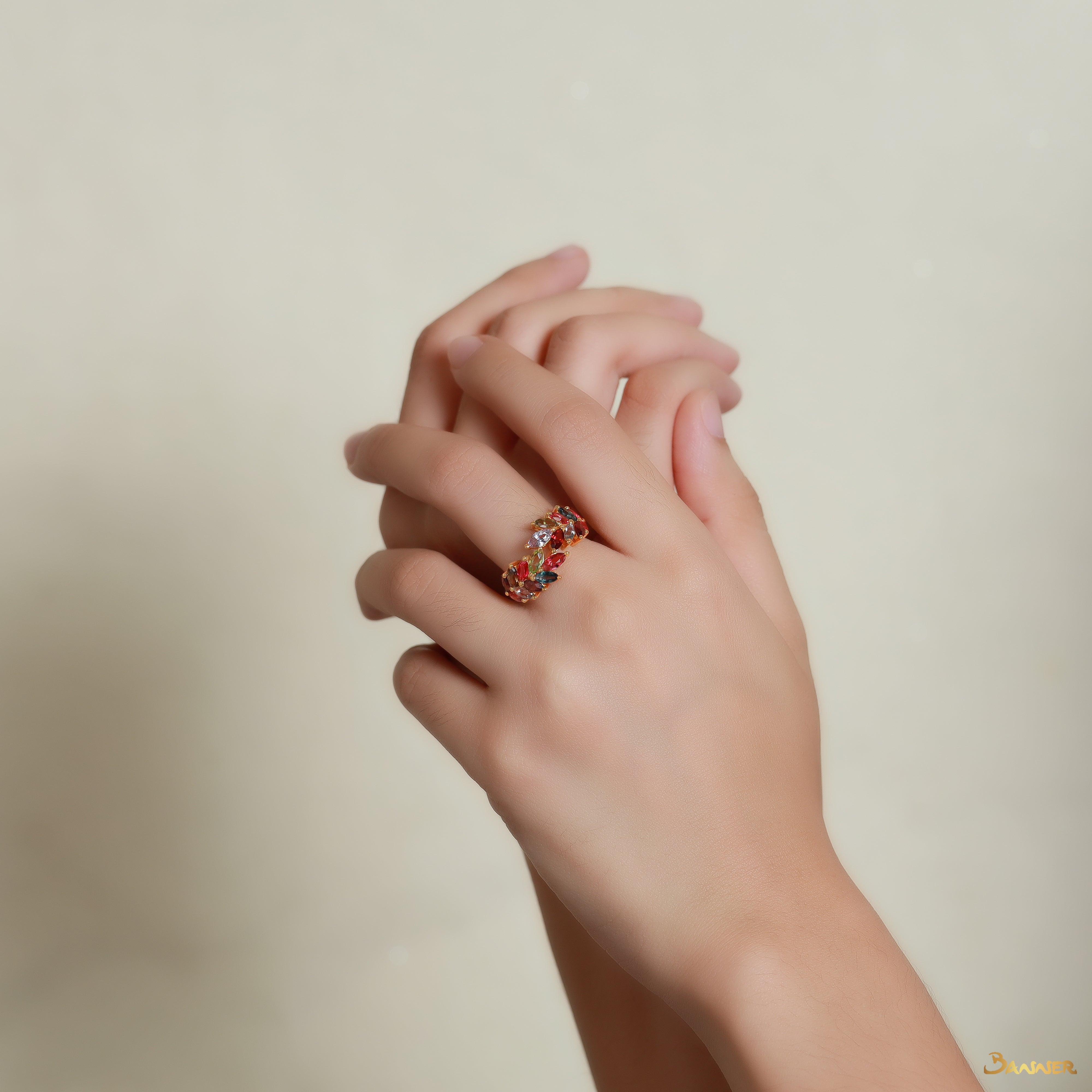 Multi-Colored Spinel Olive Ring