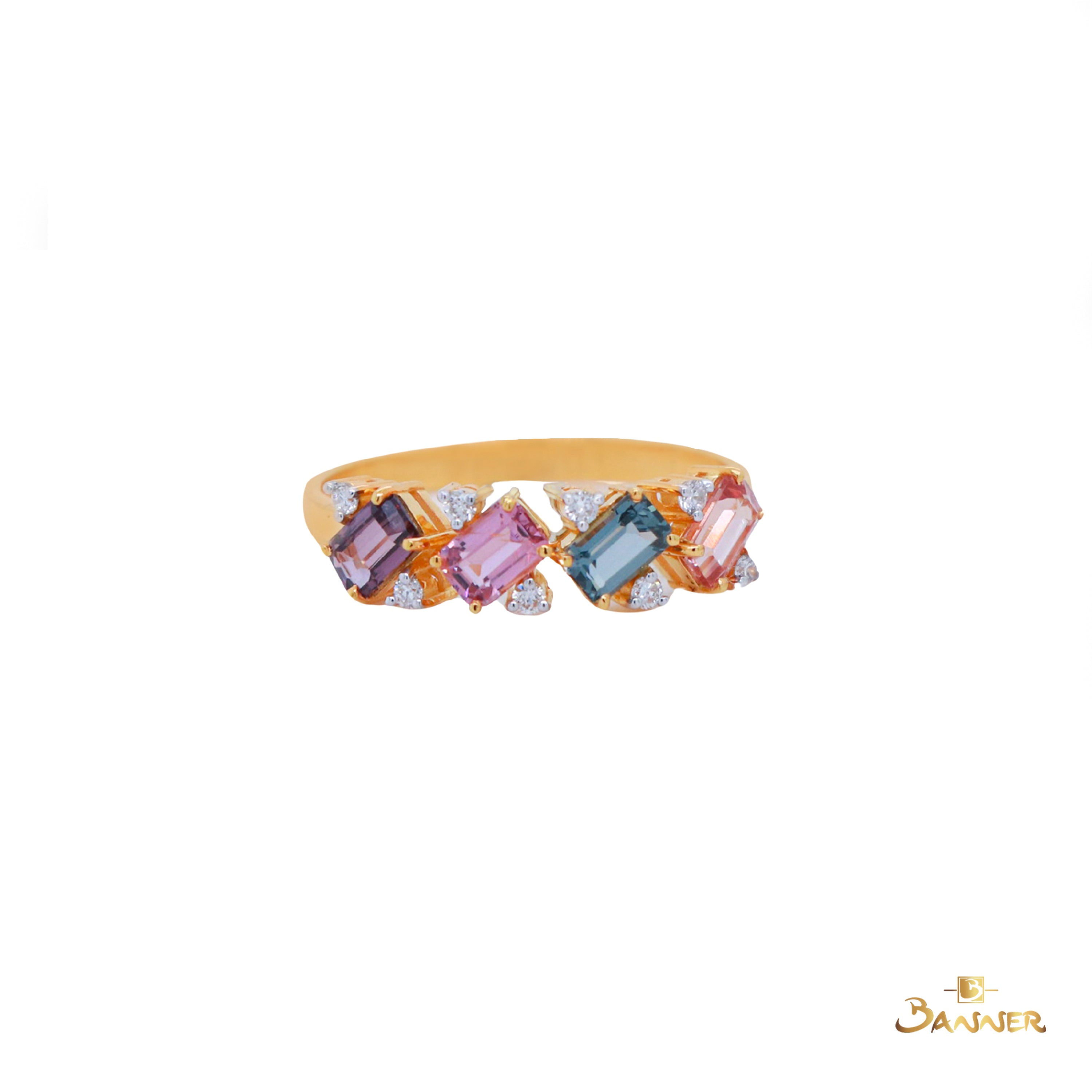 Emerald-cut Multi Colored Spinel and Diamond Pave Ring