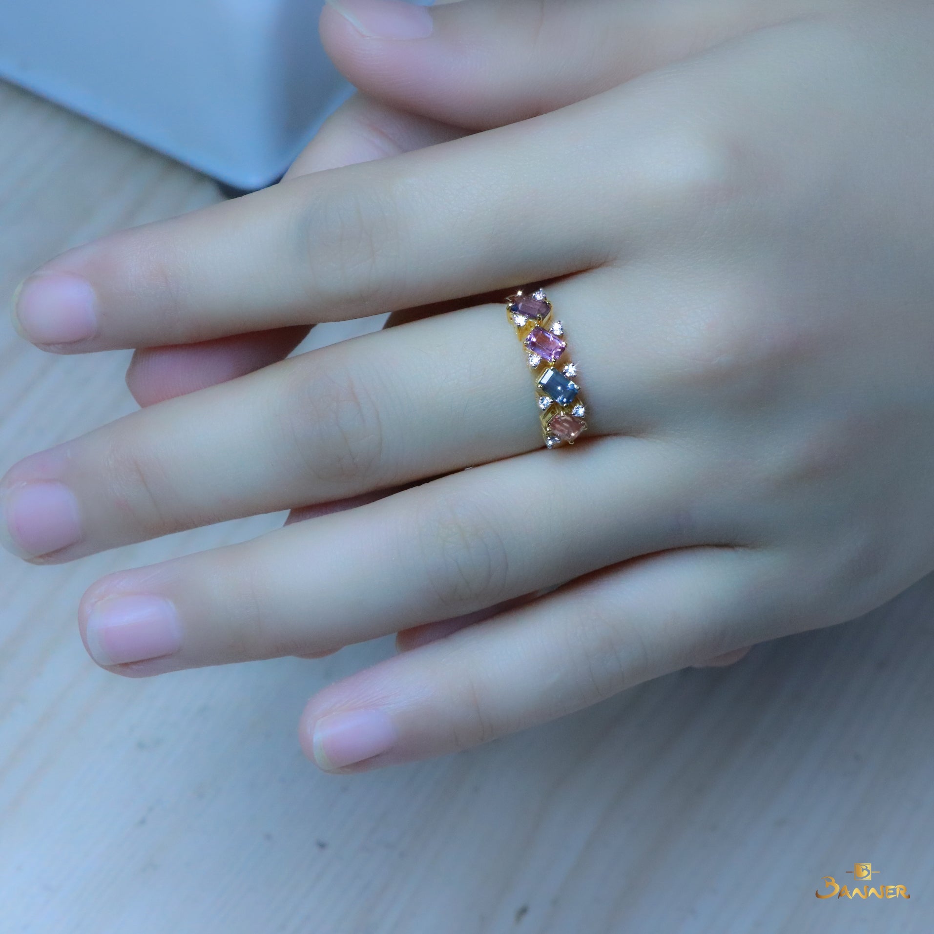 Emerald-cut Multi Colored Spinel and Diamond Pave Ring