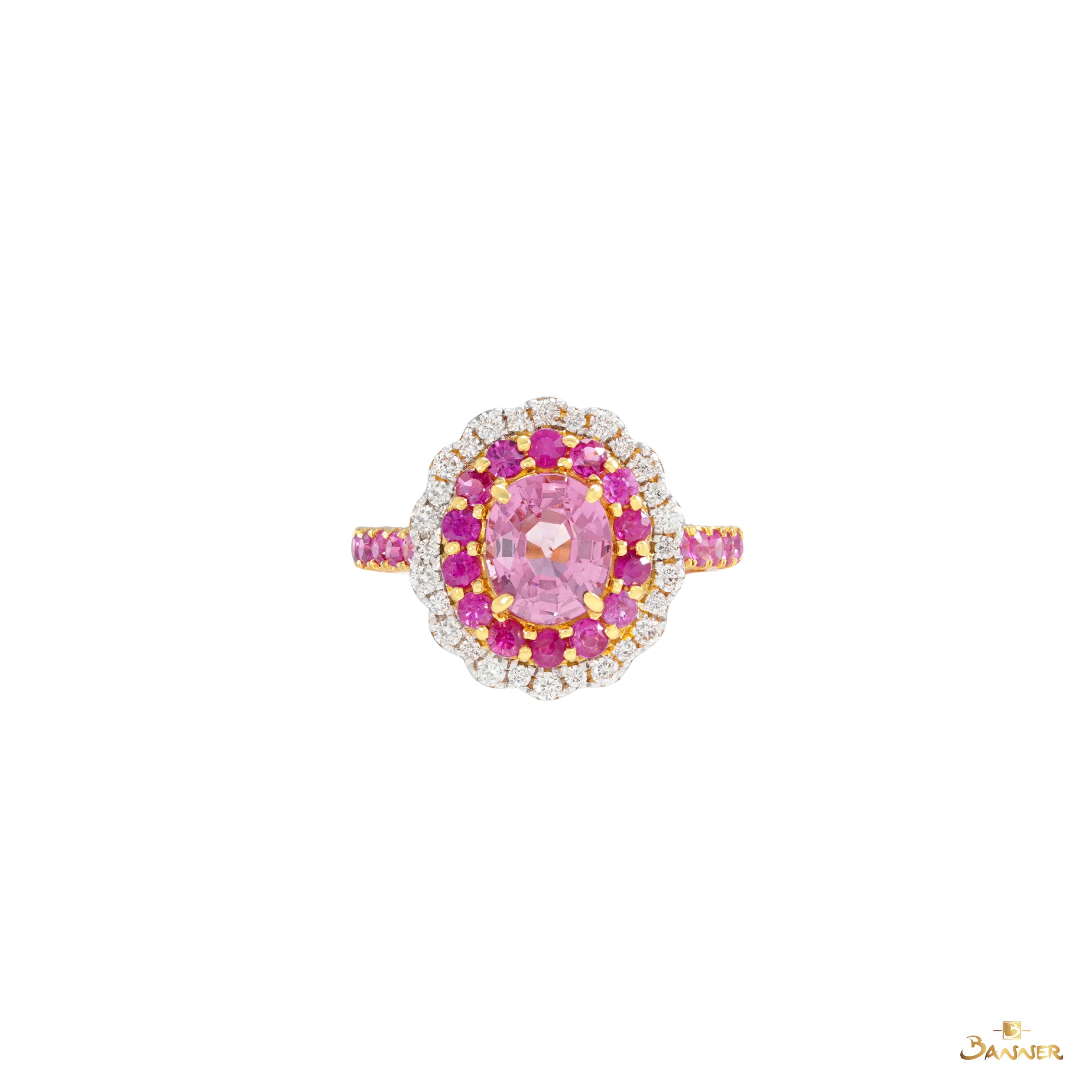 Pink Spinel, Ruby and Diamond Floral Ring