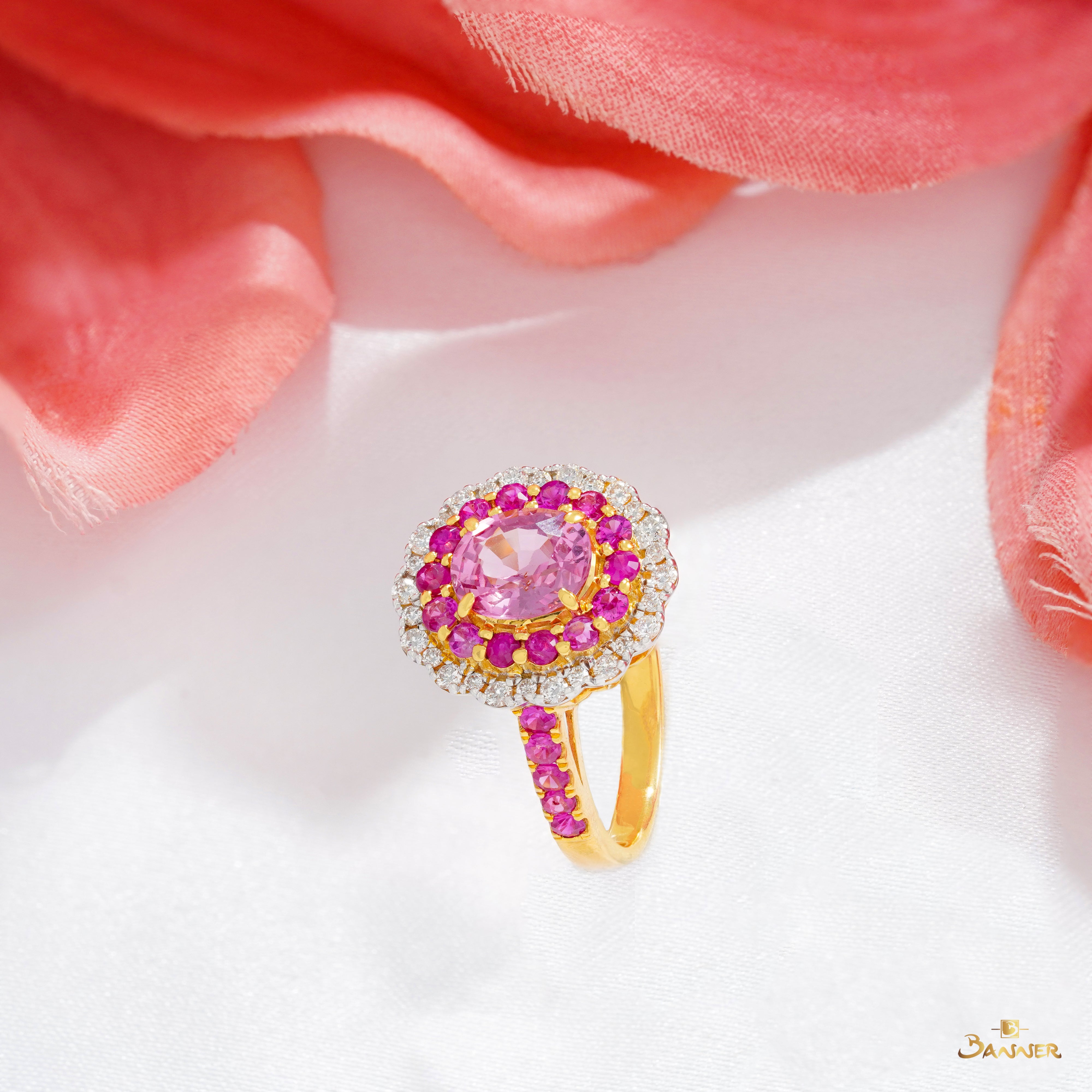Pink Spinel, Ruby and Diamond Floral Ring