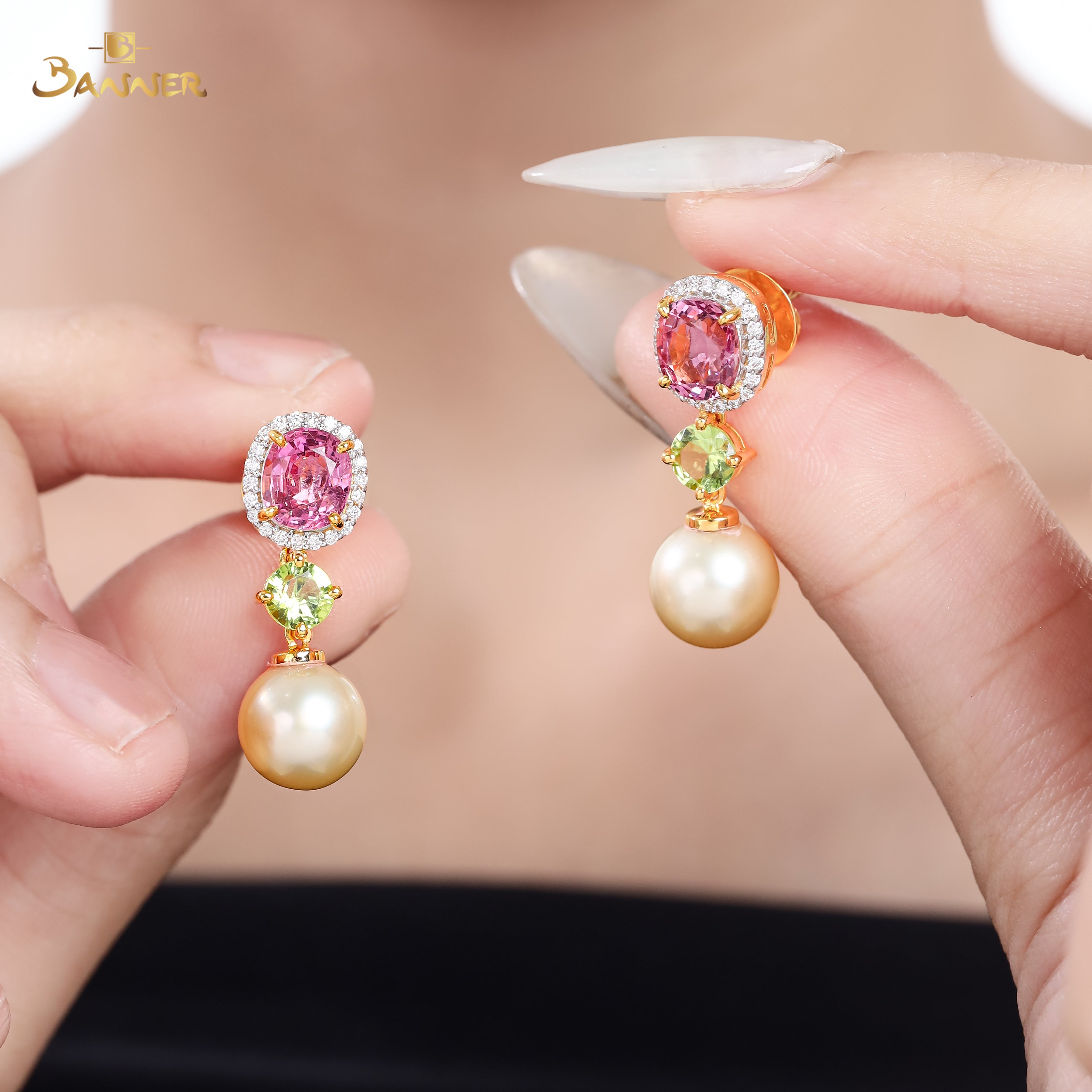 Pink Spinel, Peridot, Pearl and Diamond Earrings