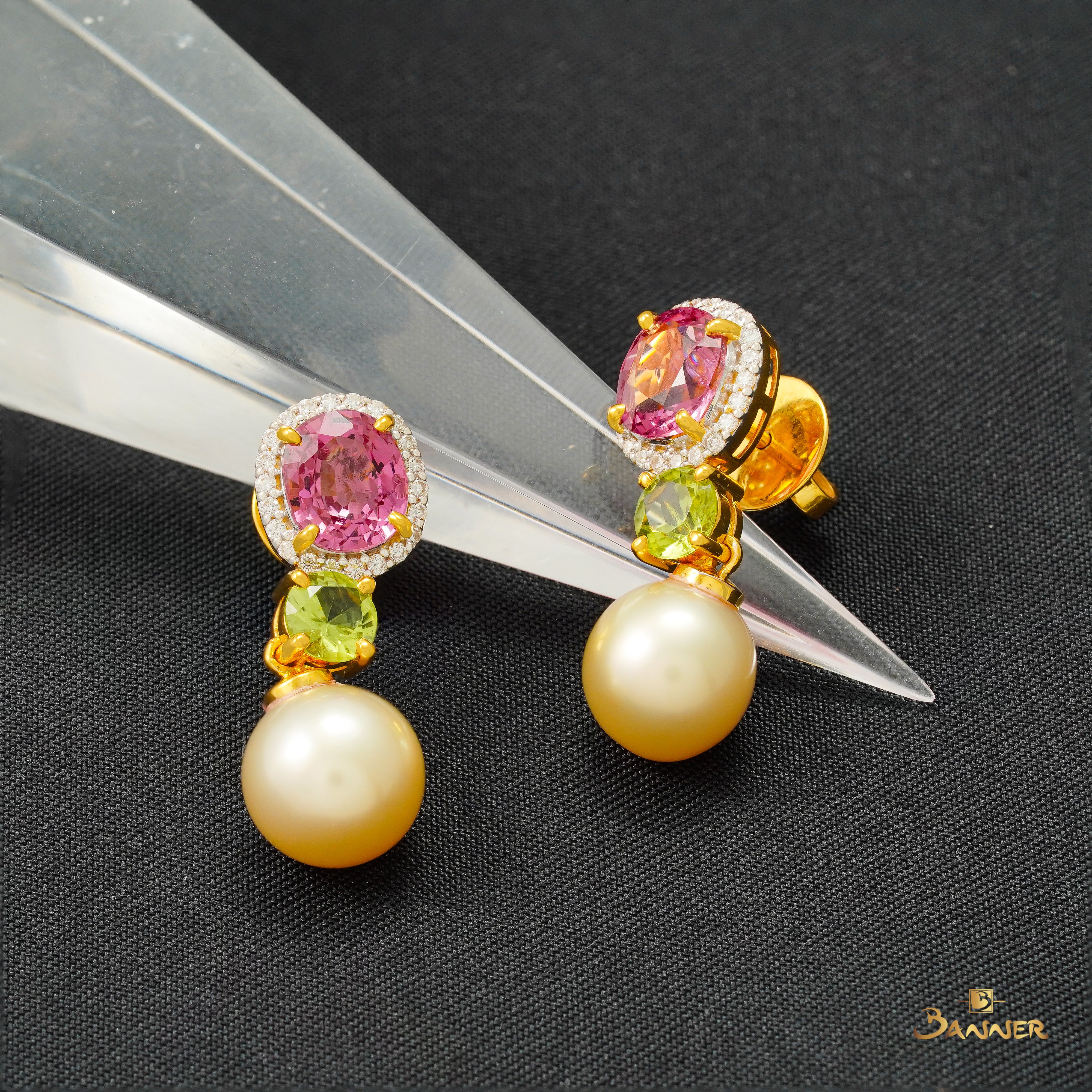 Pink Spinel, Peridot, Pearl and Diamond Earrings